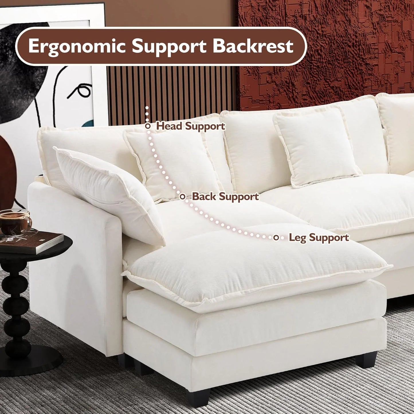 111.4 Inch L-Shaped Modern Sofa Modular Cloud Sofa with Ottoman, 4-Seater Chenille Deep Seat Sofa with Pillows for Living Room, Bedroom and Apartment, Beige