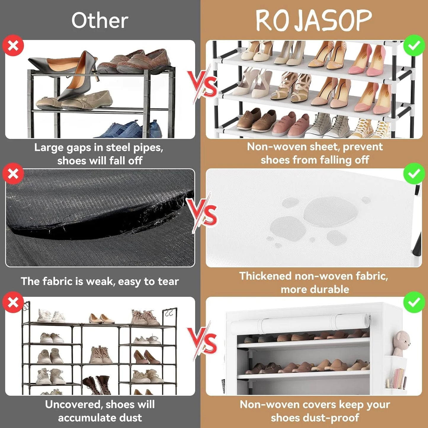 ROJASOP 10 Tier Shoe Rack with Covers,Large Capacity Stackable Tall Shoe Shelf Storage to 50-55 Pairs Shoes and Boots Sturdy Metal Free Standing Shoe Rack Organizer for Closet Entryway Garage