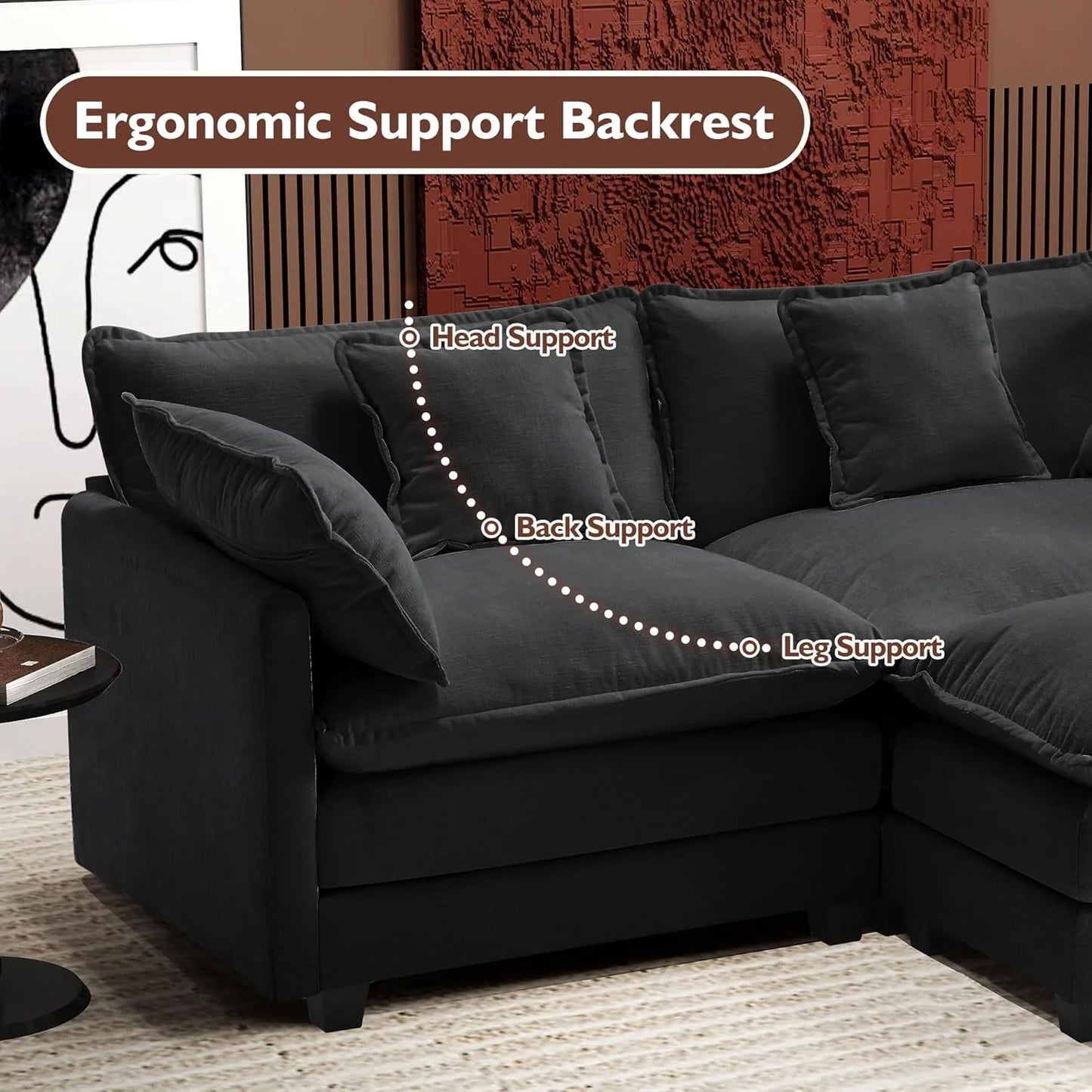 111.4 Inch L-Shaped Modern Sofa Modular Cloud Sofa with Ottoman, 4-Seater Chenille Deep Seat Sofa with Pillows for Living Room, Bedroom and Apartment, Beige