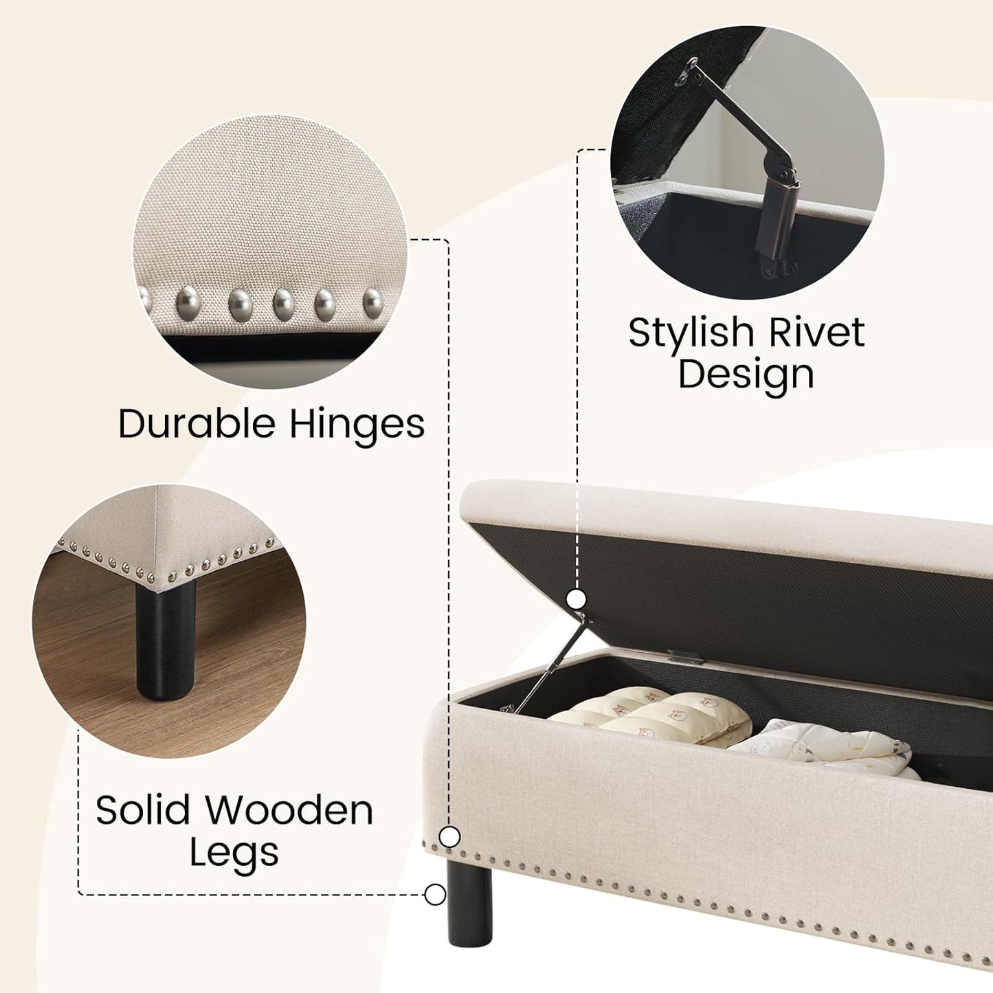 Furniliving Modern Storage Ottoman Bench, Sherpa Ottoman End of Bed Bench with Solid Wood Legs Upholstered Ottoman Benches with Storage Indoor Bench