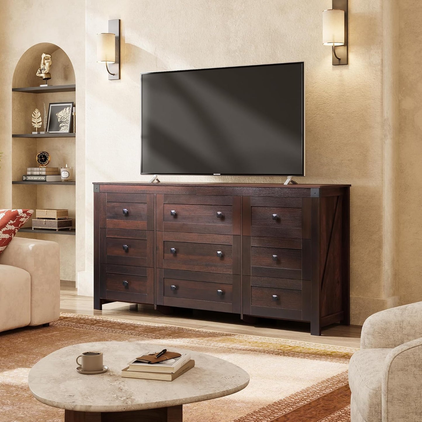 9 Drawer Led Dresser for Bedroom, 58.35'' Wide Wood Dresser Storage Organizer with Power Outlets for 65'' TV, Dressers with Open Shelves