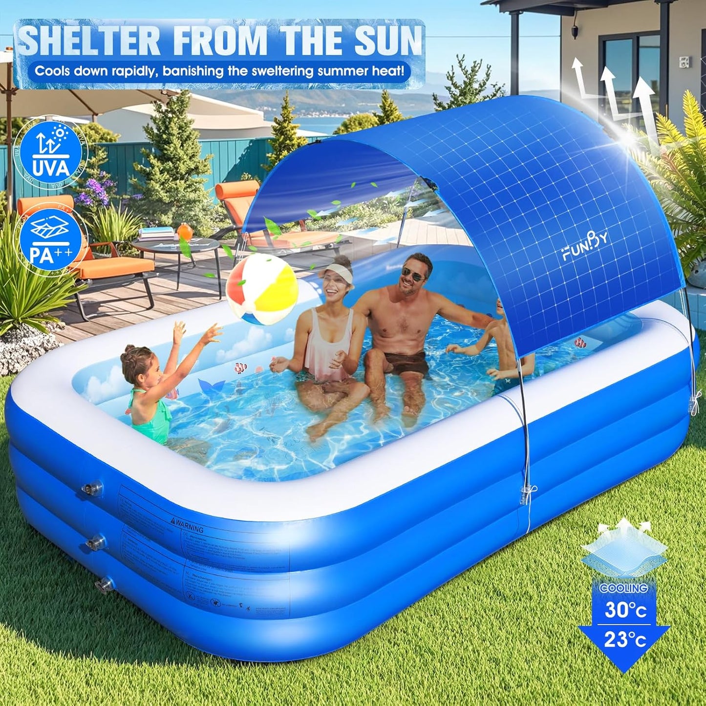 Inflatable Pool with Canopy,Upgraded Inflatable Swimming Pool for Kids,Adult,Large Inflatable Blow up Pools,Ocean Theme Oversized Thickened 105"x75"x25"Inflatable Family Pools for Backyard-Blue