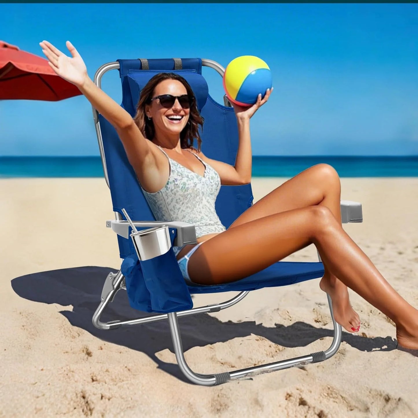 5-Position Aluminum Lay Flat Tall Backpack Beach Chairs 2 Pack Compact Portable Beach Chairs for Adults with Cooler Pouch, Storage Pouch, Towel Bar, Cup Holder & Phone Holder, Blue Stripe