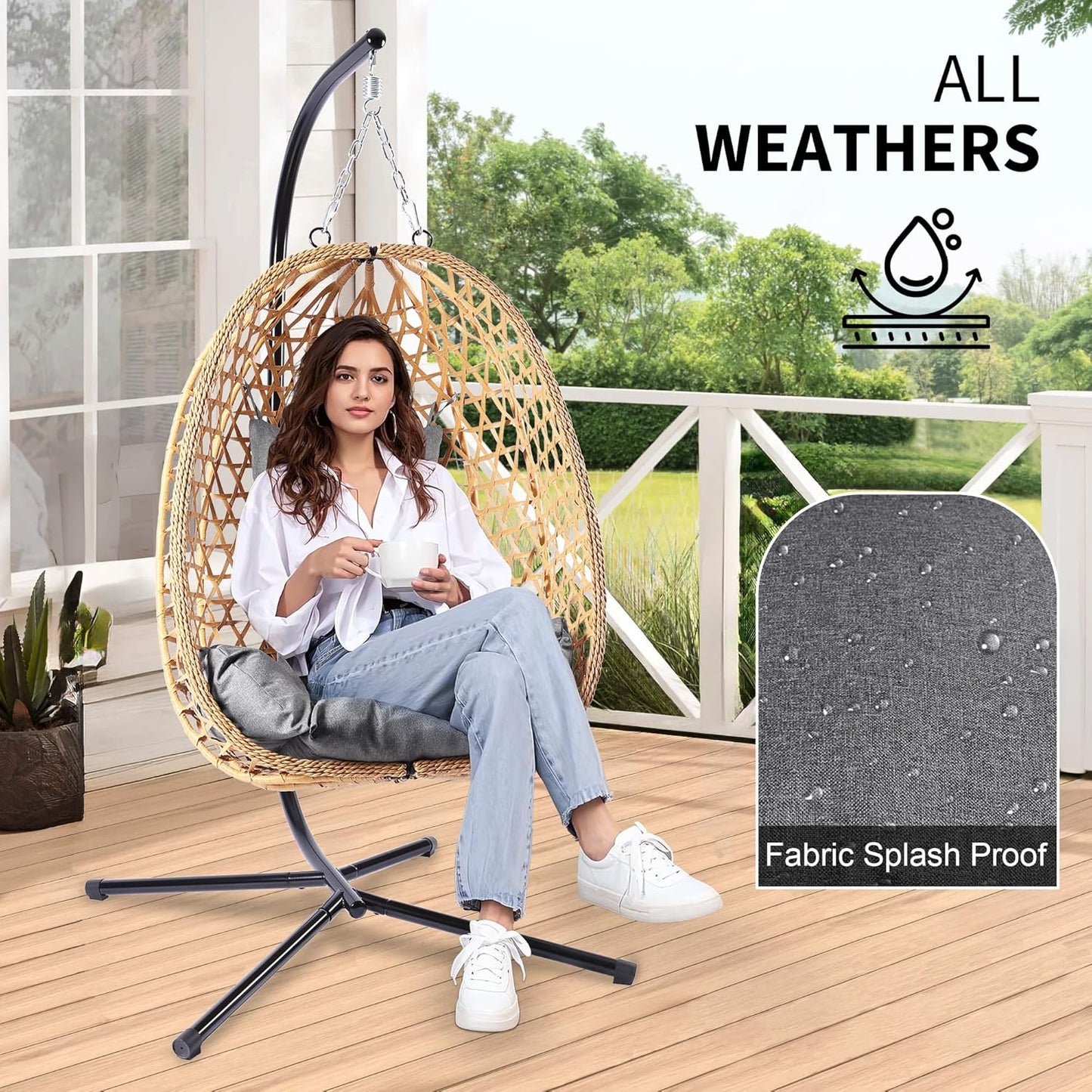 Egg Chair with Stand, Patio Wicker Hanging Chair, Hammock Swing Chair, 350LBS Capacity for Bedroom, Balcony, Garden