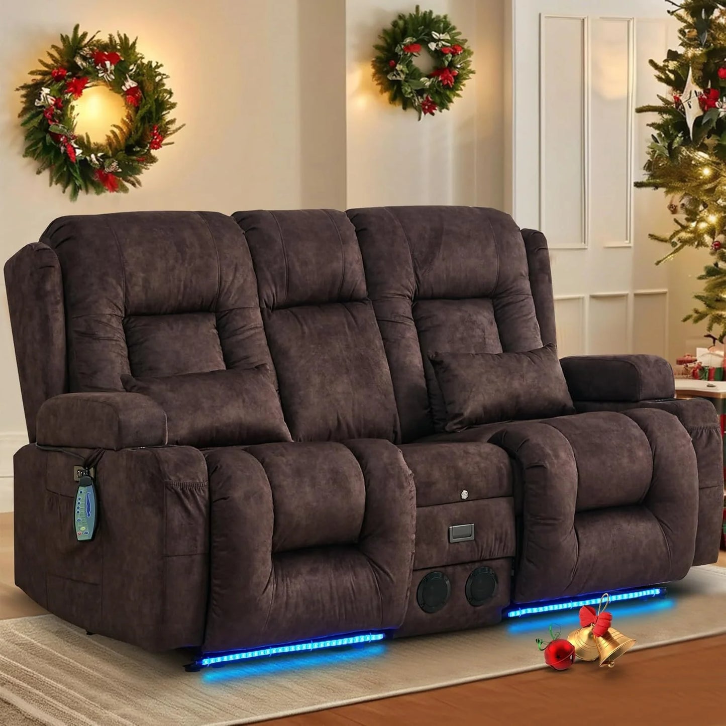 TUNYI Power Loveseat Recliner Sofa with Massage & Heat Home Theater Seating with Console Electric Recliner RV Sofa with USB/Outlet/Storage/Side Pocket/LED Light/Speaker (Brown, Loveseat)