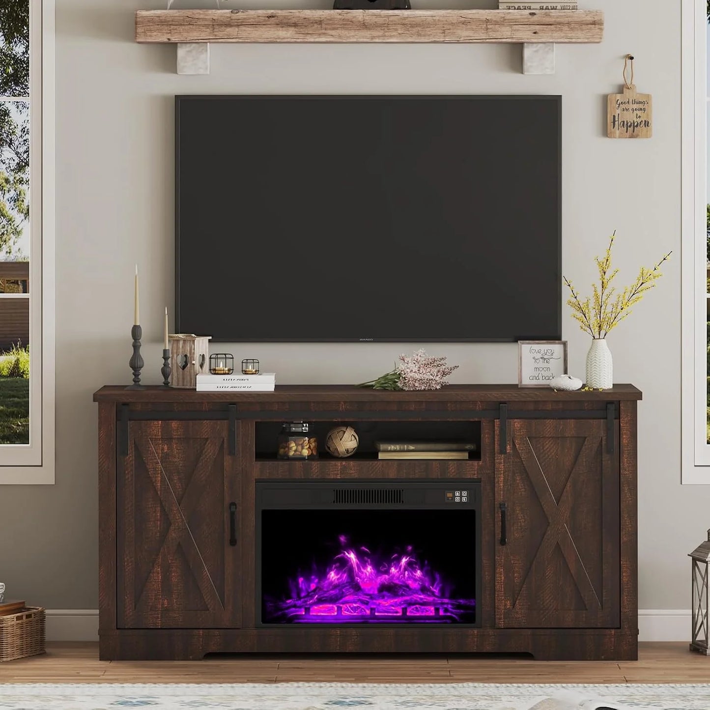 AMERLIFE Fireplace TV Stand with Sliding Barn Door for TVs up to 73", Farmhouse 63" Fireplace Entertainment Center with Storage Cabinets/Adjustable Shelves