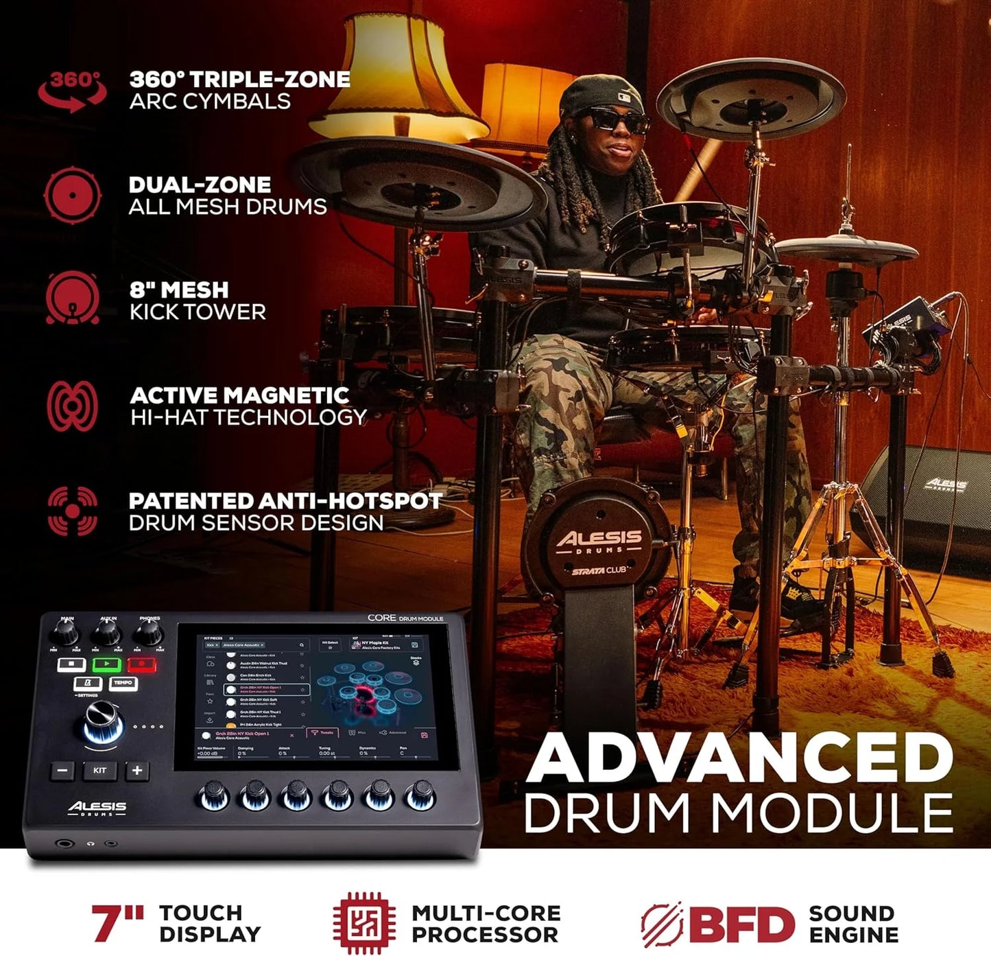 Alison Strata Prime Electronic Drum Set with Touch Screen Dual Area Grid Head