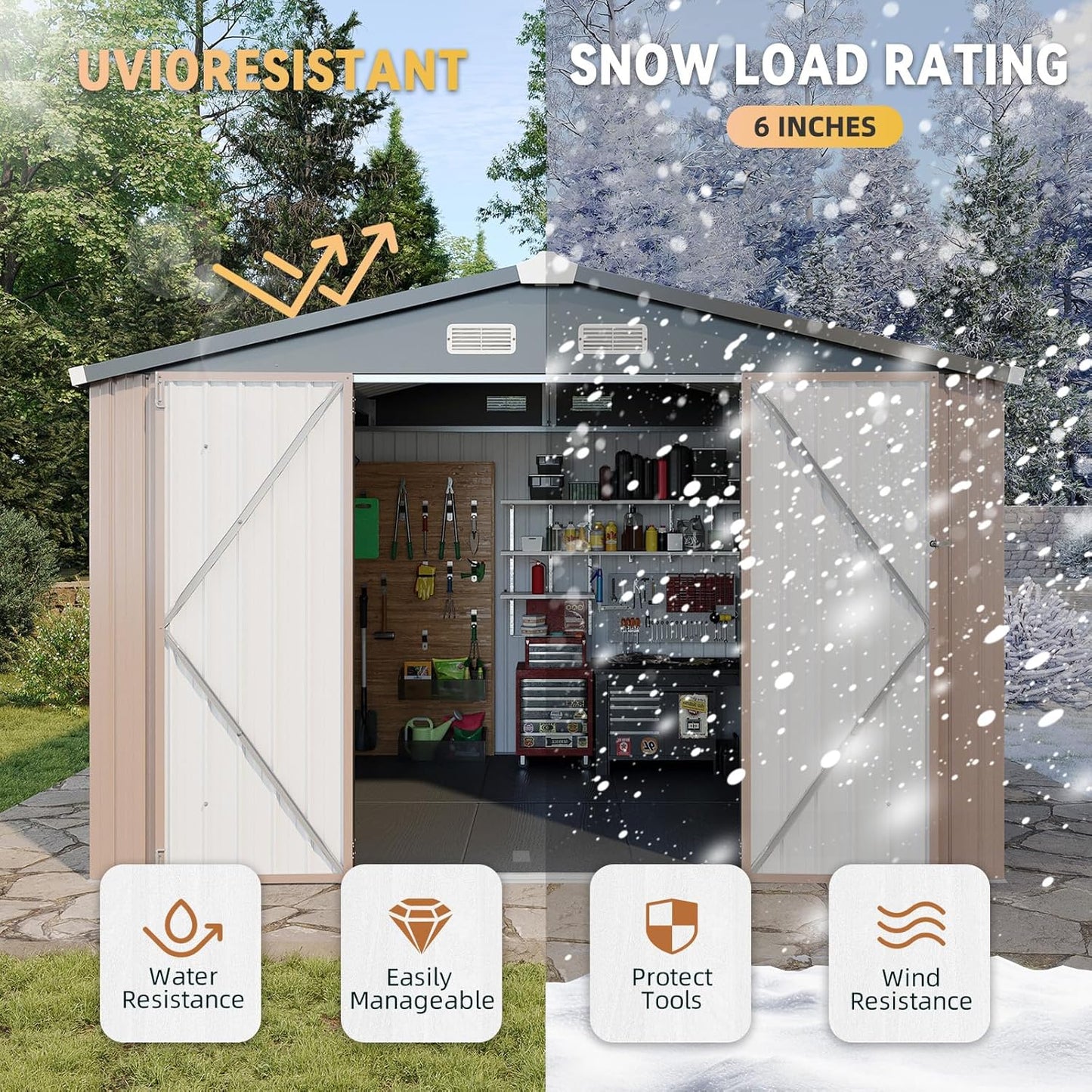 Aoxun 7.4x5.3FT Shed with Floor Galvanized Steel Outdoor Storage Shed Metal Garden Shed with Double Doors, 15mm Moisture-Proof Floor & Ventilation, Sloped Roof for Bike/Generator/Tool Storage (Brown)