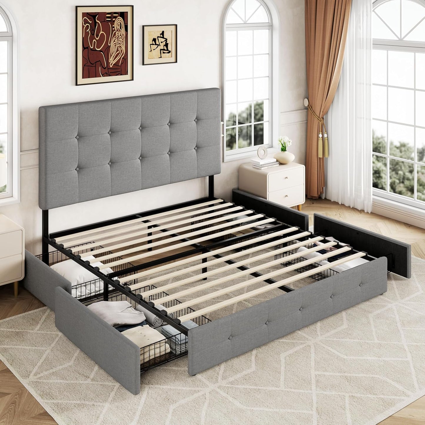 Allewie Upholstered Queen Size Platform Bed Frame with 4 Storage Drawers and Headboard, Square Stitched Button Tufted, Mattress Foundation with Wooden Slats Support, No Box Spring Needed