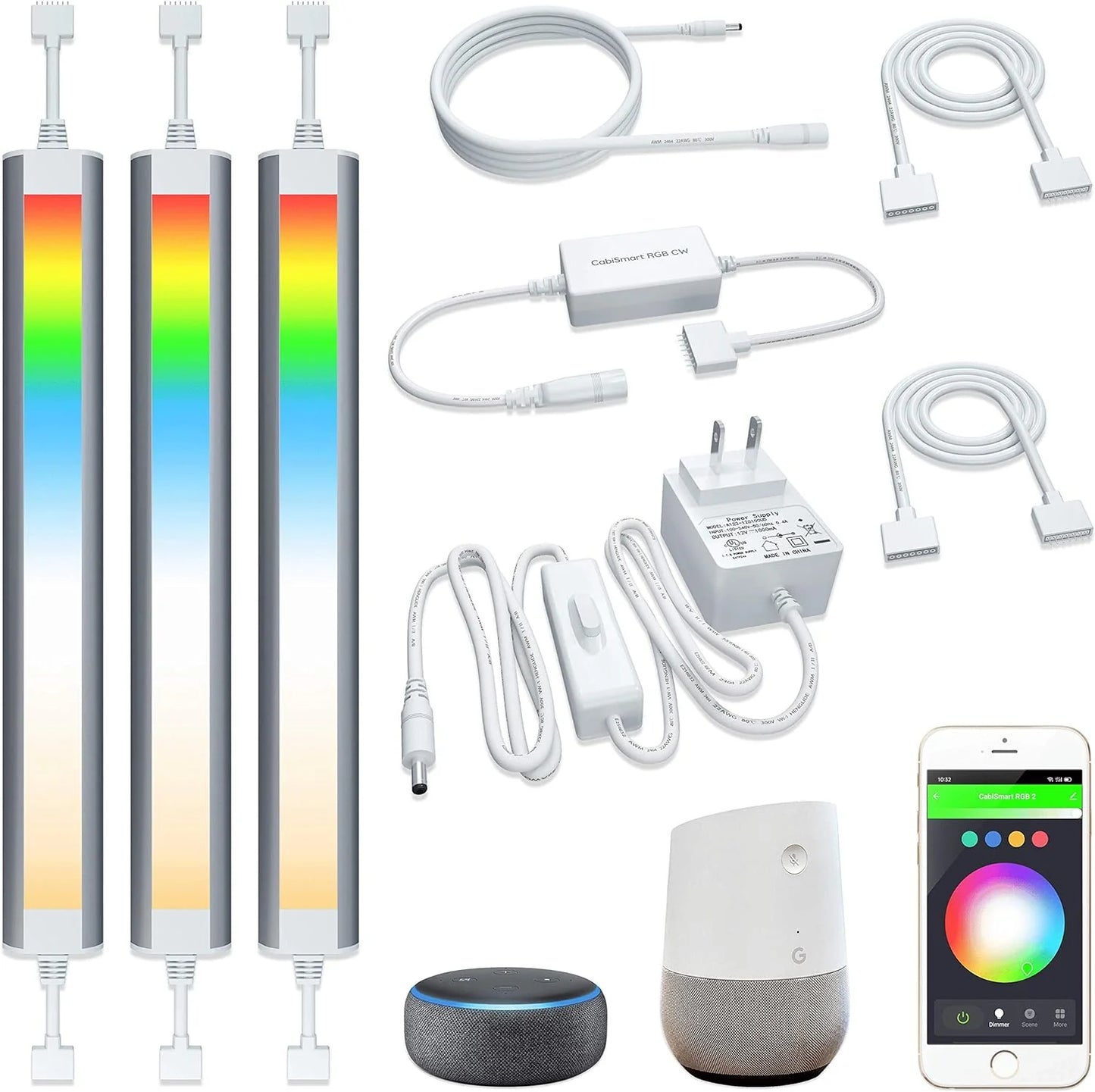 Smart under-cabinet lighting strip, white and color-changing dimmable