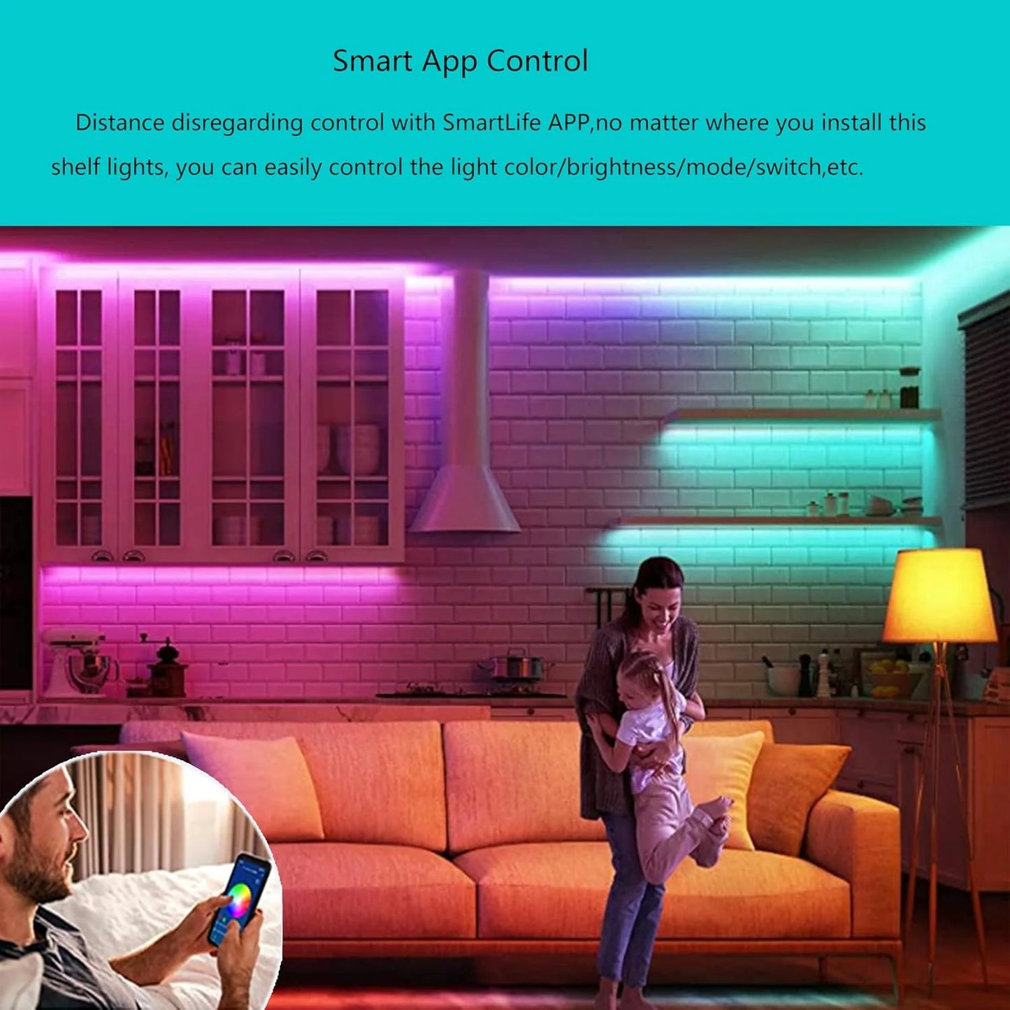 Smart under-cabinet lighting strip, white and color-changing dimmable