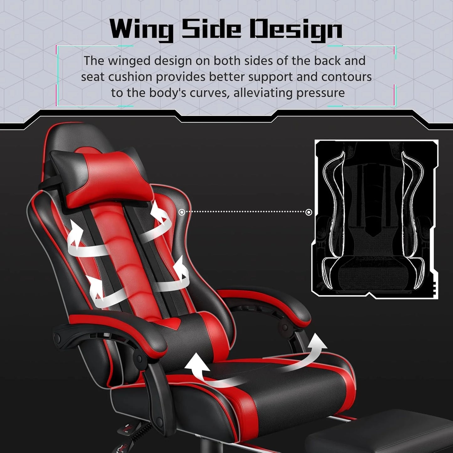 Gaming Chair with Massage Lumbar Support and Footrest Height Office Gaming Chair