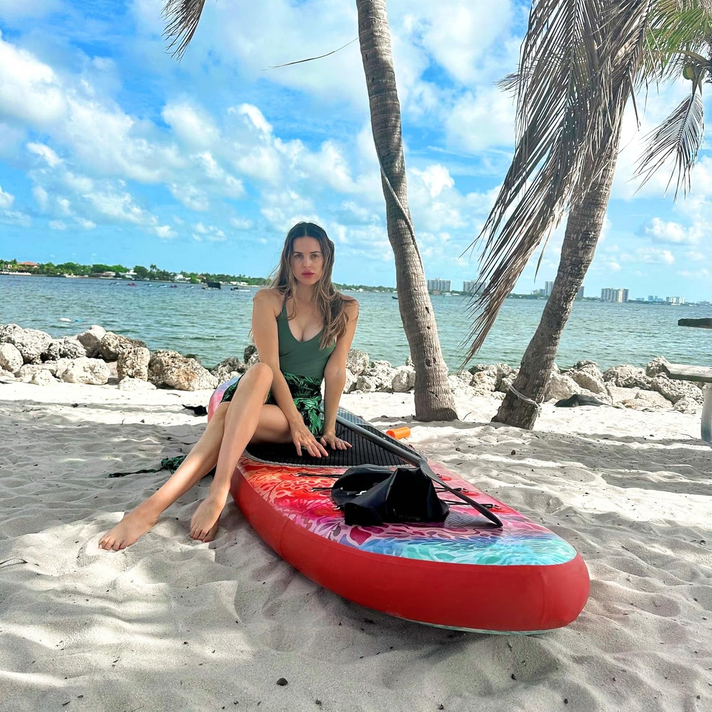 Inflatable wide SUP board with SUP carrying bag, hand pump, 10L waterproof bag and adjustable paddle