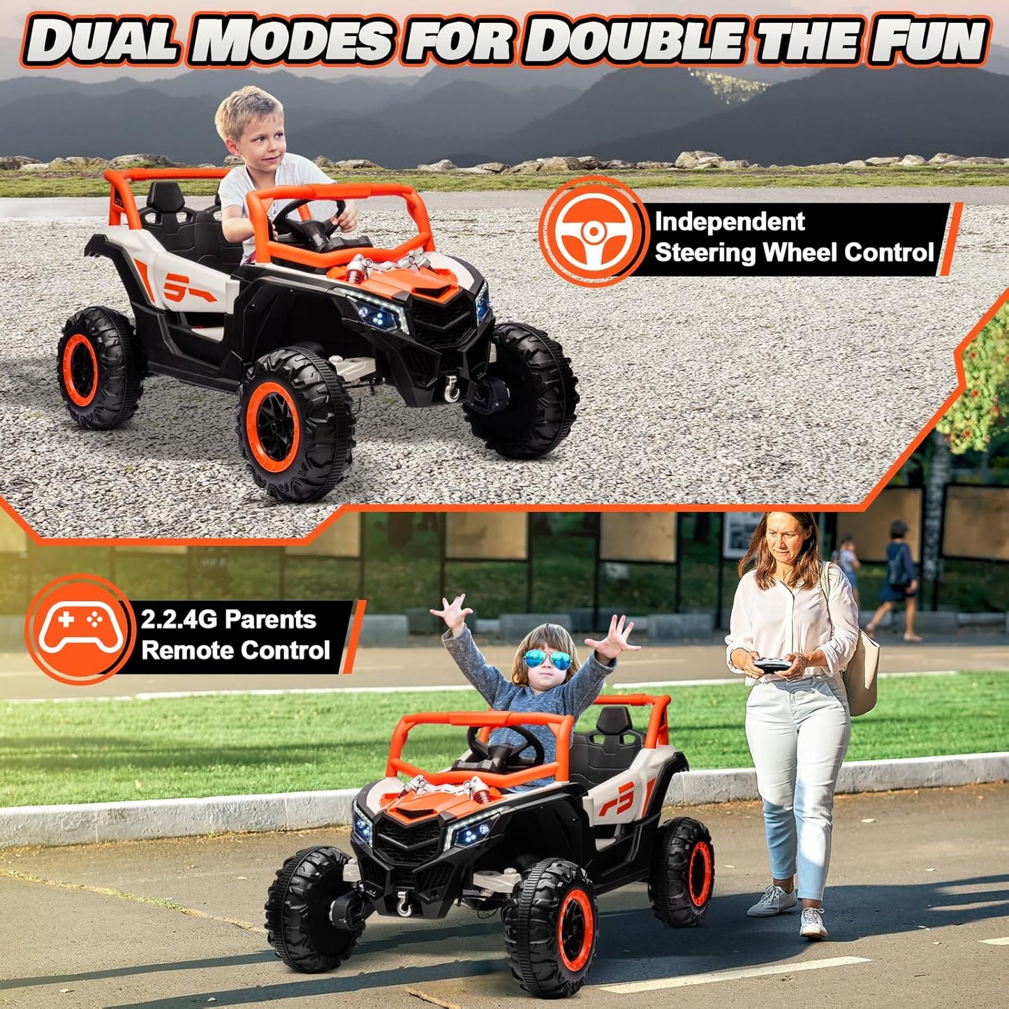 JOYRACER Kids Remote Control Car with 4 x 150W Motors, Shock Absorbers, Bluetooth, MP3 Player, and Headlights