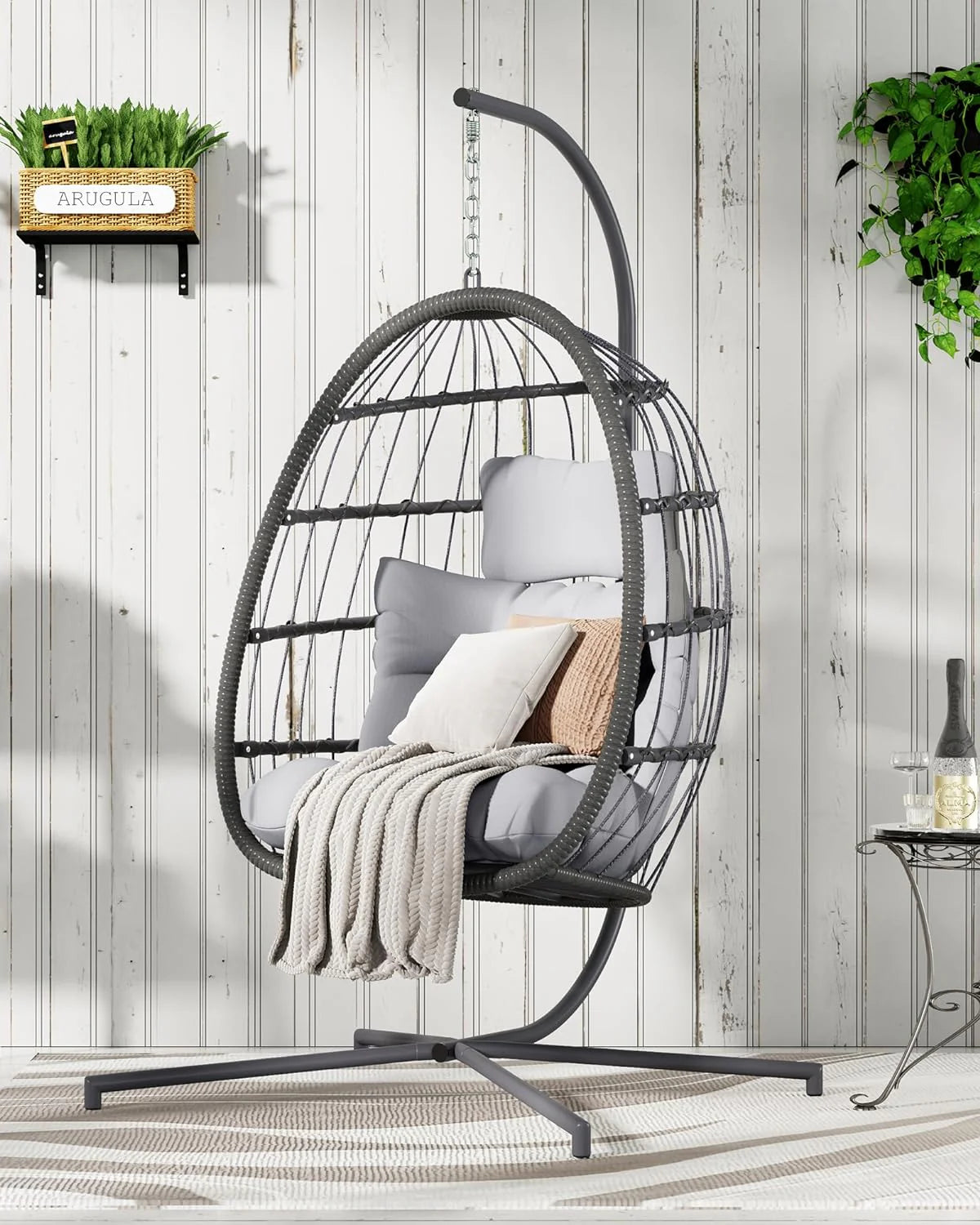 HWB Hanging Egg Chair with Stand, Patio Wicker Hammock Egg Swing Chair with Cushion for Bedroom Garden Indoor Outdoor (Beige)