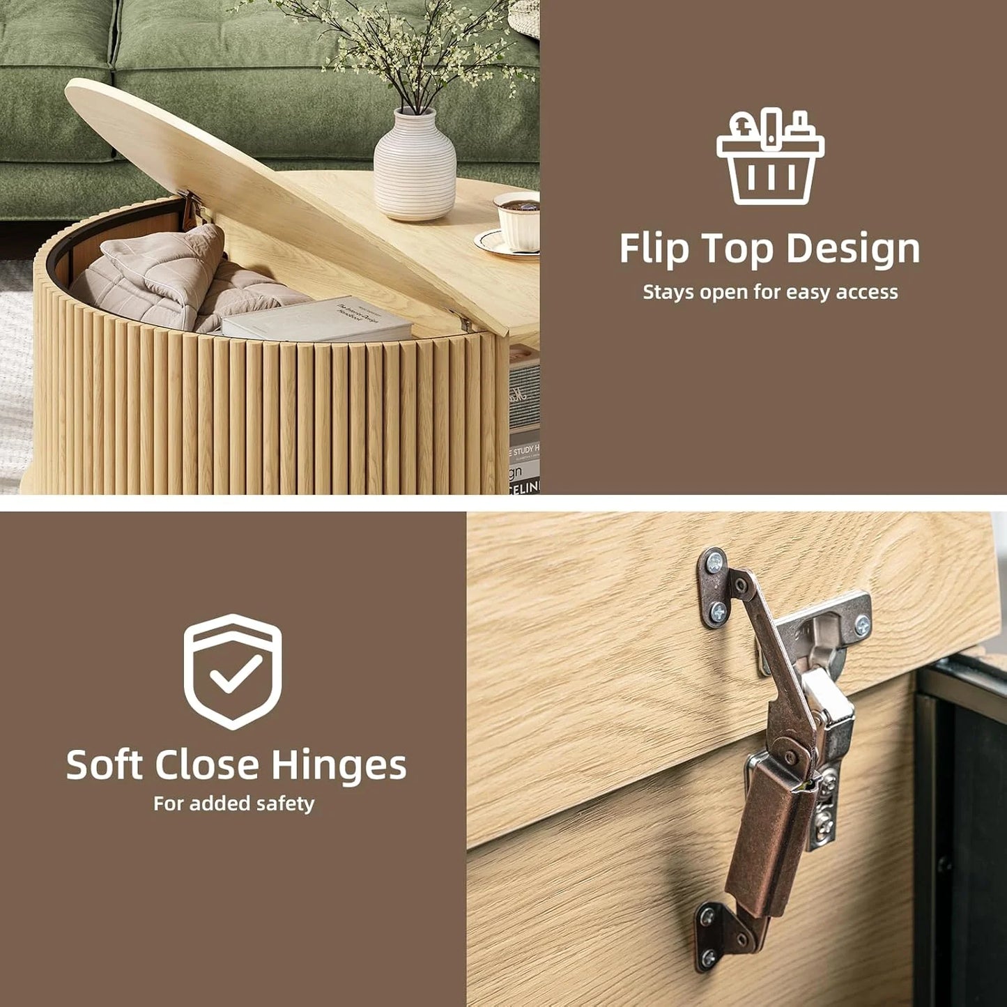 Round Coffee Table with Storage,Fluted Center Table with Sliding Cabinet Door for Living Room,Home Small Space,31.5" Small Center Table,Walnut