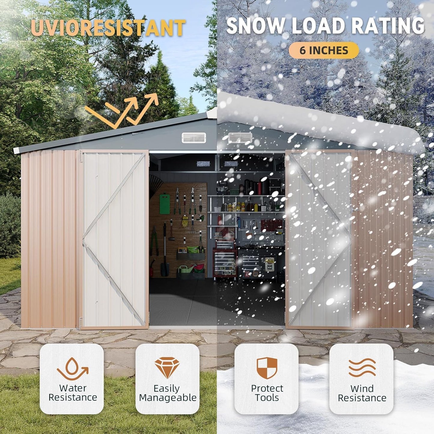 Aoxun 7.4x5.3FT Shed with Floor Galvanized Steel Outdoor Storage Shed Metal Garden Shed with Double Doors, 15mm Moisture-Proof Floor & Ventilation, Sloped Roof for Bike/Generator/Tool Storage (Brown)