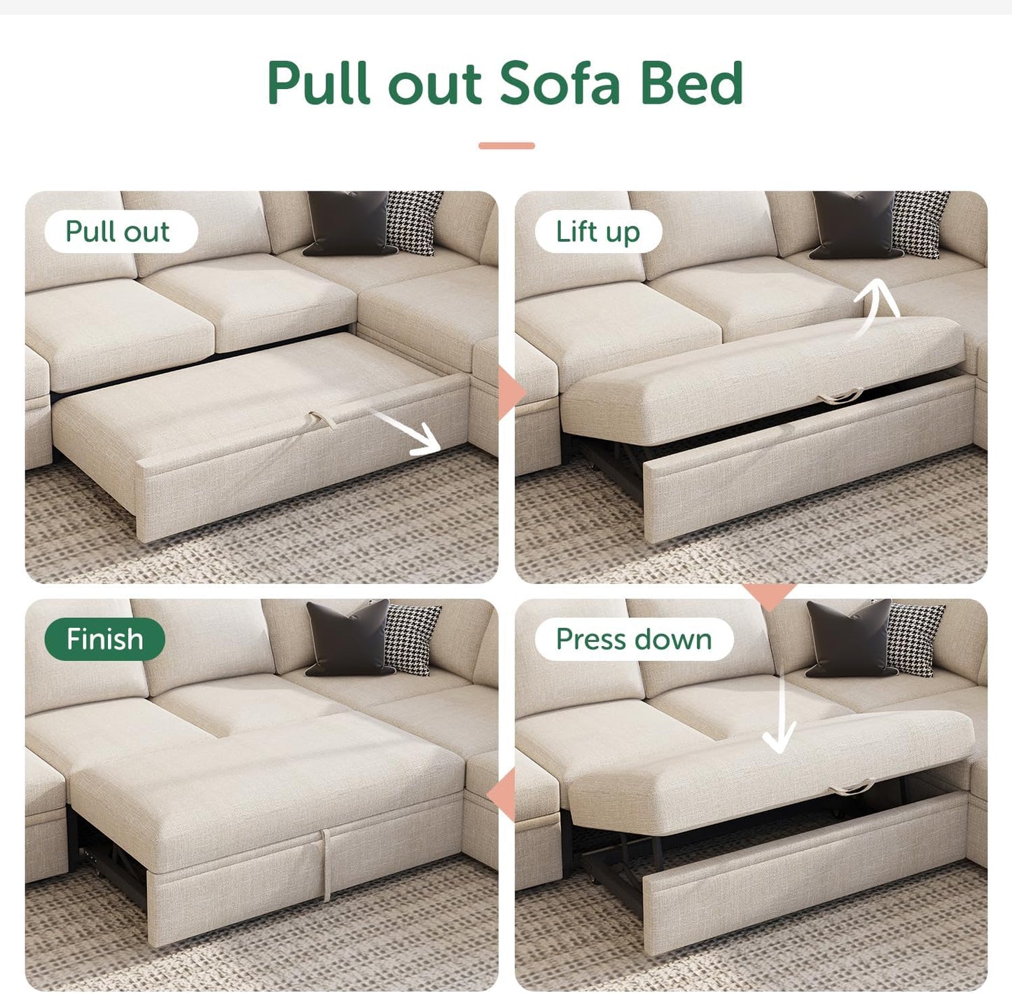 HONBAY Modular Sectional Sleeper Sofa with Pull Out Bed, L Shaped Couch with Storage Seat, Convertible Sectional Couches for Living Room