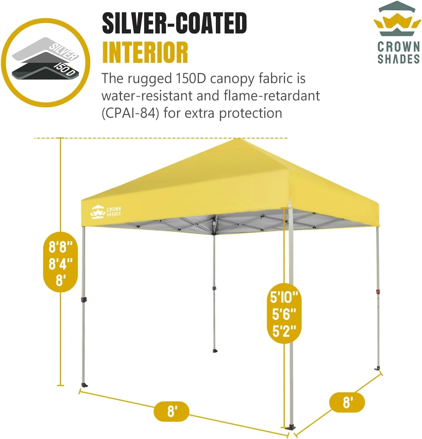 10x10 Pop-Up Awning - One-Click Installation Beach Tent - Outdoor Sunshade Silver Coated Top, 3 Heights and 4 Sand Pockets