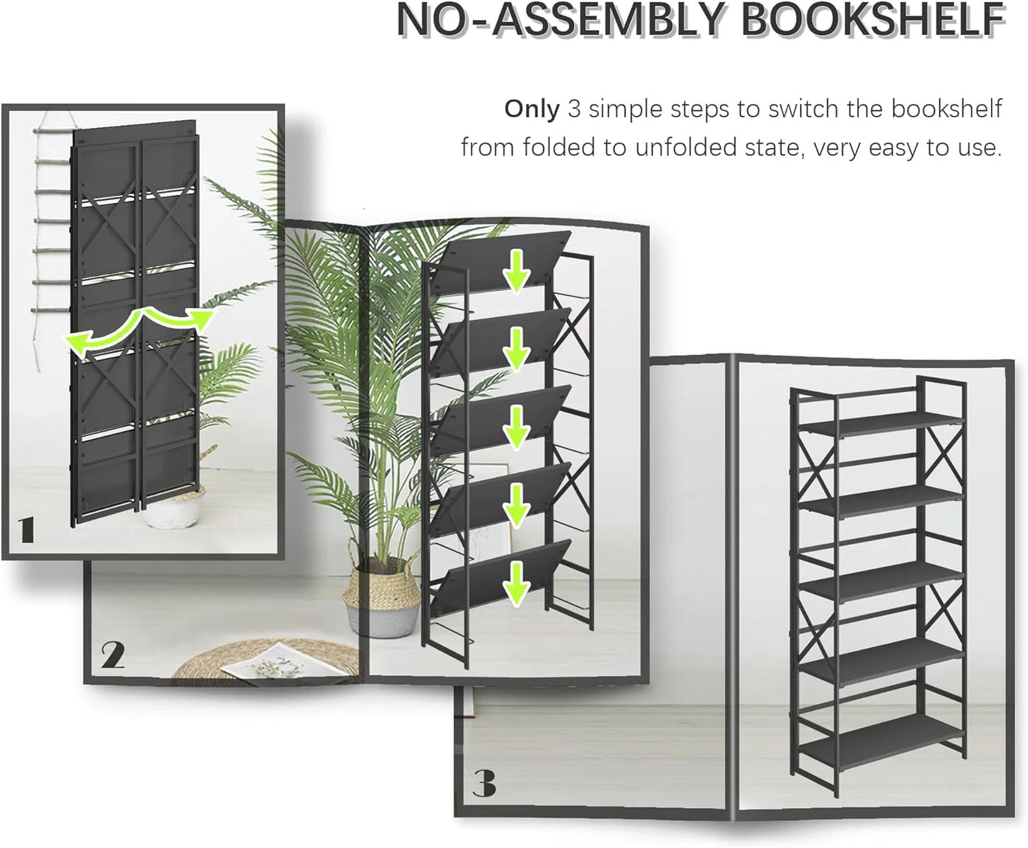 5 Tiers No Assembly Book Shelves 51.2" H Folding Bookshelf Bookcase