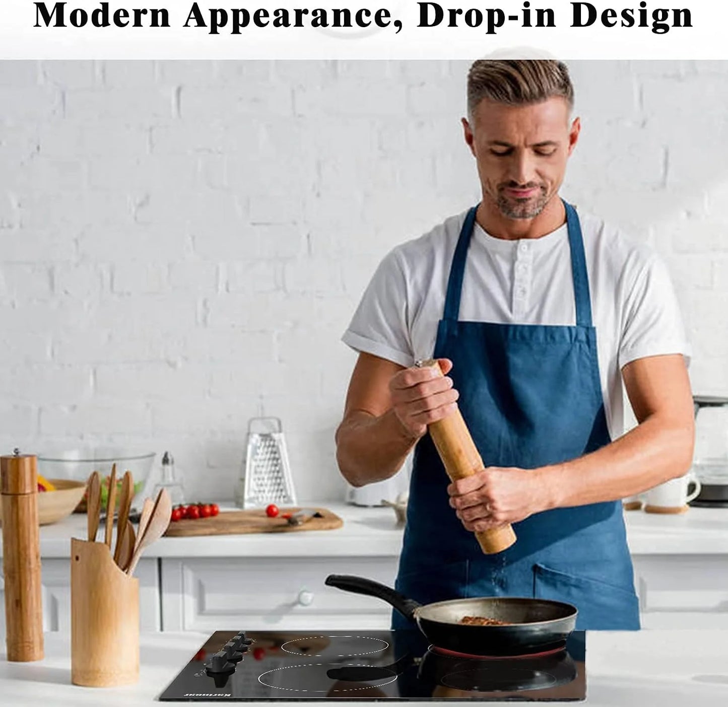 Karinear 30 Inch Electric Cooktop 4 Burners, Knob Control Built-in Ceramic Cooktop, 30" Radiant Electric Stove Top with Glass Protection Metal Frame,Hot Surface Indicator, 220-240v, Hard Wire, No Plug