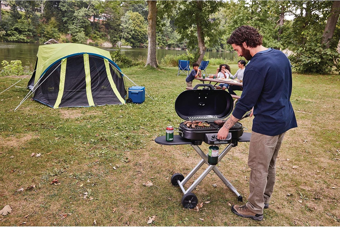 RoadTrip 285 Portable Stand-Up Propane Grill with 3 Adjustable Burners & Instastart Ignition, 20,000 BTUs of Power for Outdoor Cooking, Camping, Tailgating, Grilling, BBQs, & More