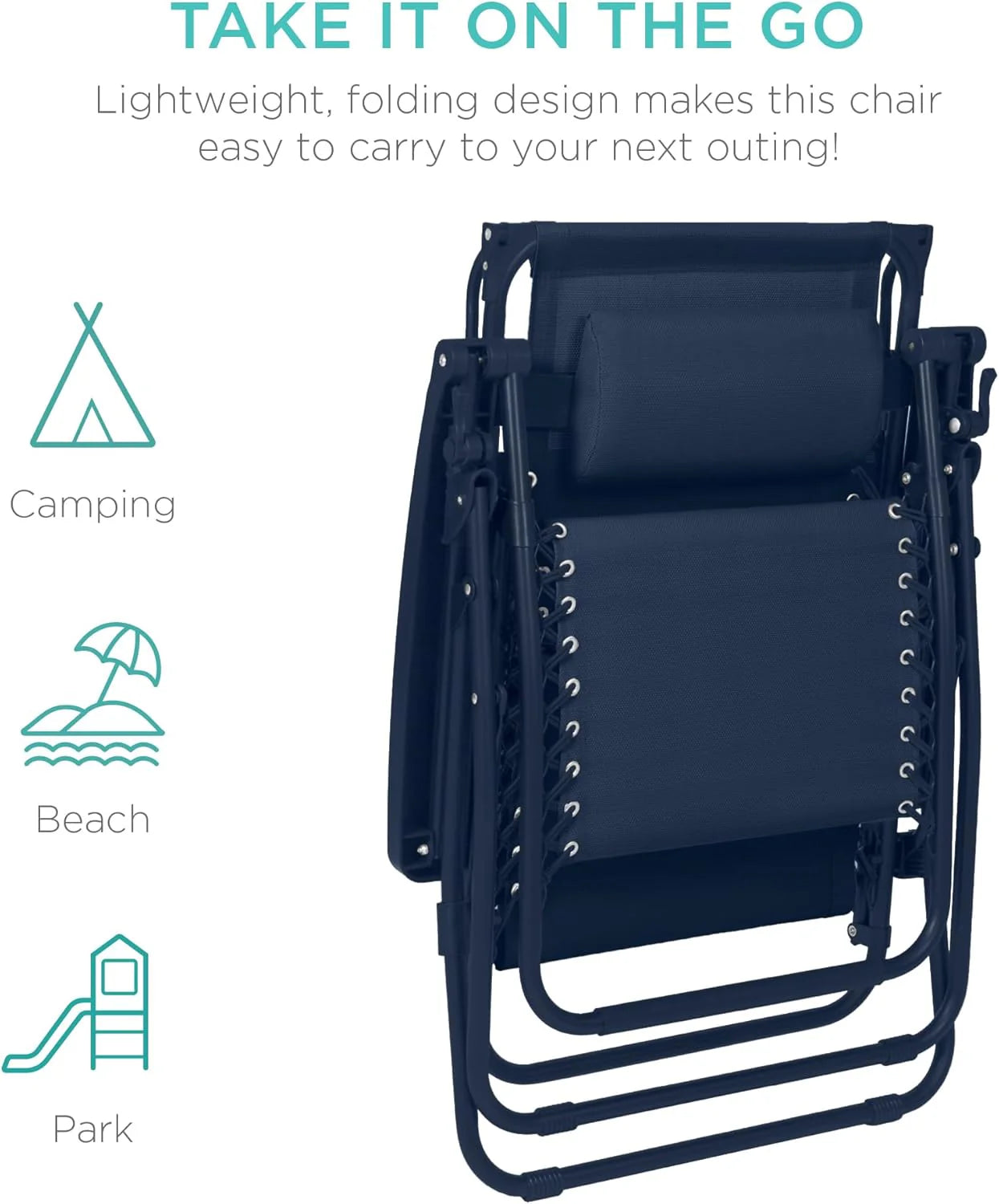 Best Choice Products Folding Zero Gravity Outdoor Recliner Patio Lounge Chair w/Adjustable Canopy Shade, Headrest, Side Accessory Tray, Textilene Mesh - Peacock Blue