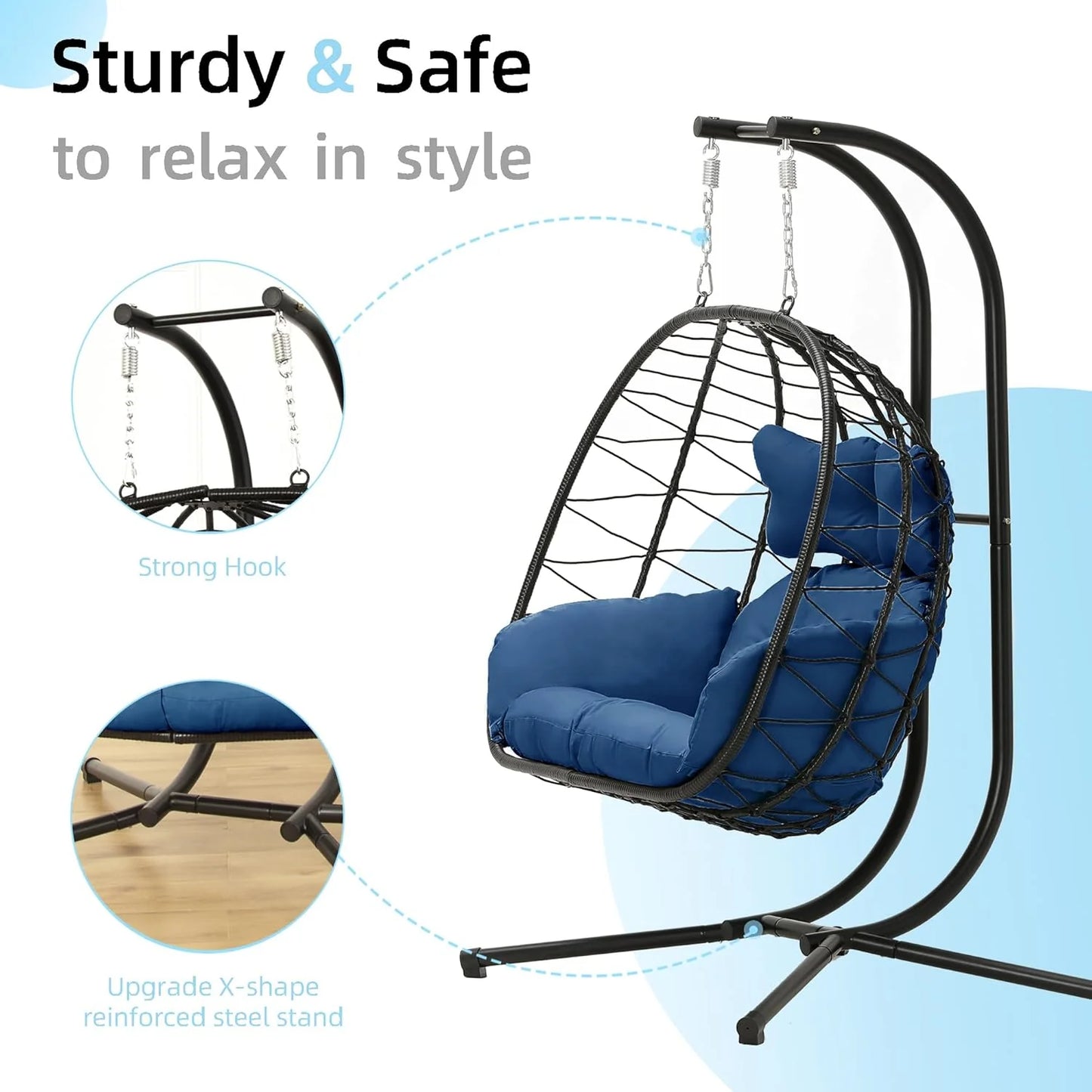 Double Egg Chair wth Stand Hammock Swing Chair Foldable Hanging Loveseat, UV Resistant Removable Cushions, 700LBS Capacity for Bedroom