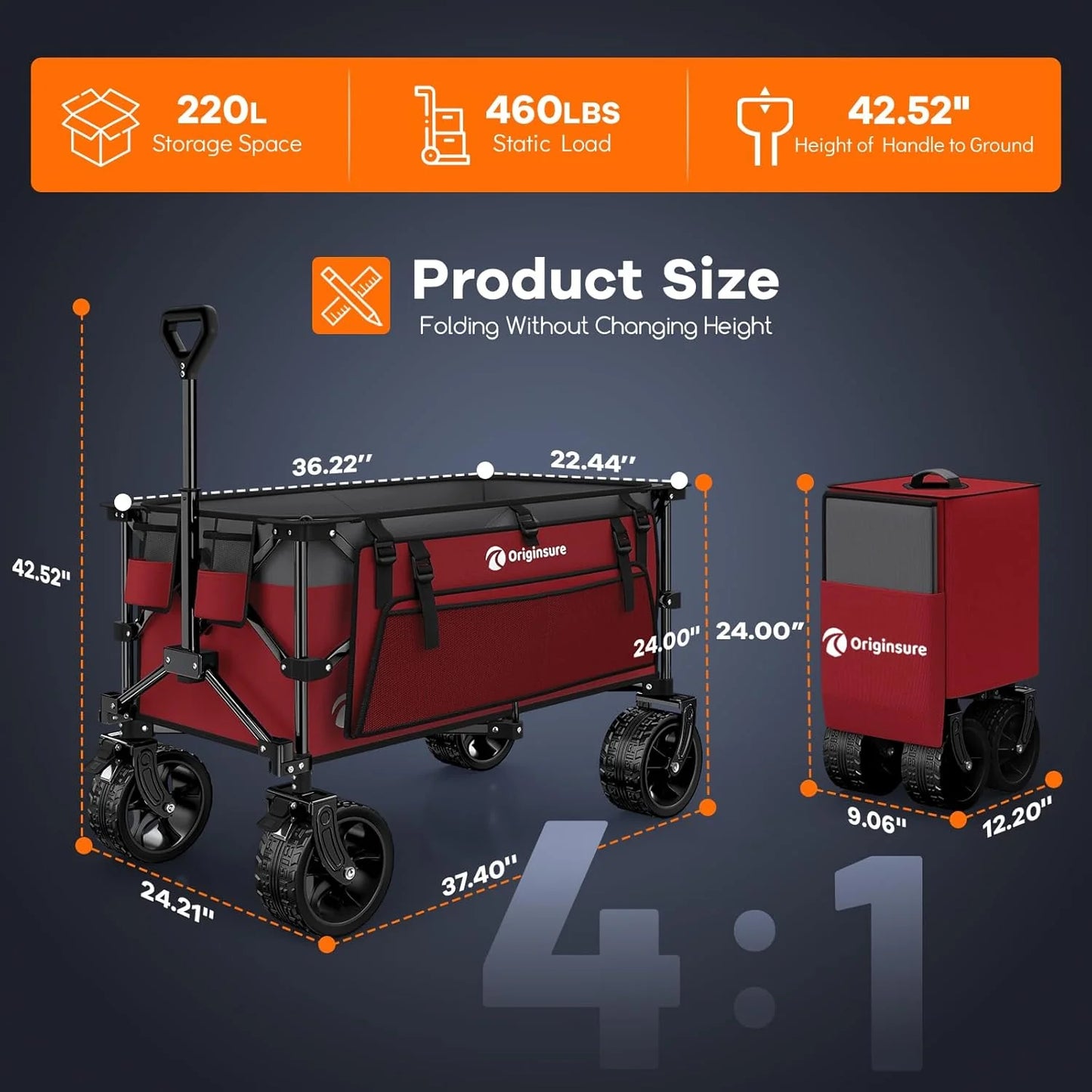 38" long foldable four-wheel stroller, foldable, 460 lb capacity, 220 liter heavy-duty folding beach stroller with large all-terrain tires