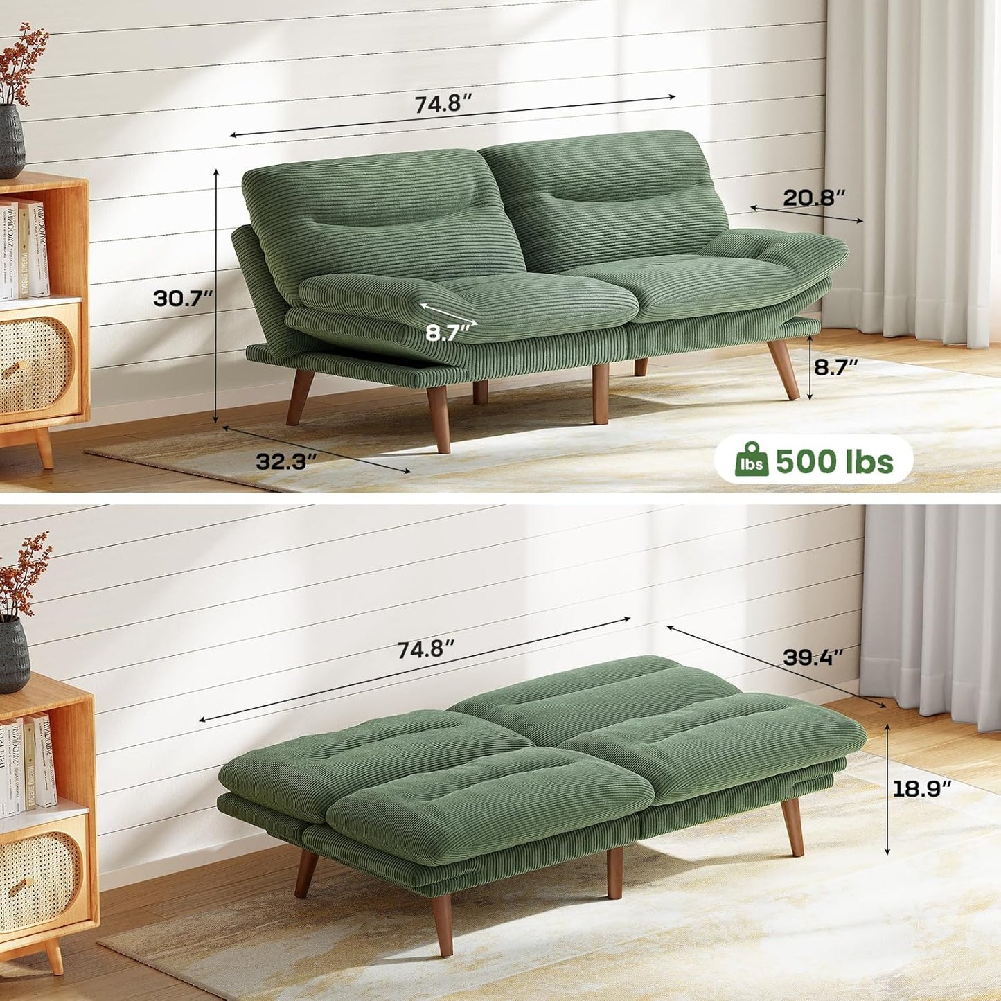 Futon Sofa Bed, Futon Sofa with Adjustable Back and Armrests, Converts to Small Sleeper Sofa Bed Corduroy Loveseat Green