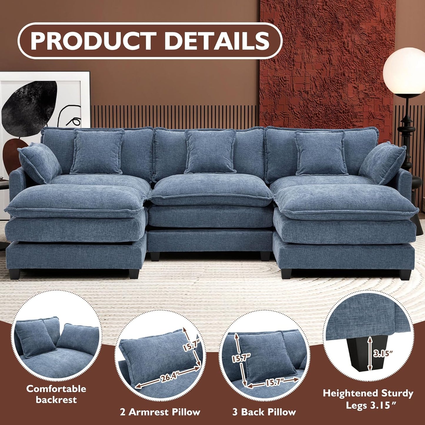 ihanherry 146-inch U-shaped modern sofa modular area cloud sofa