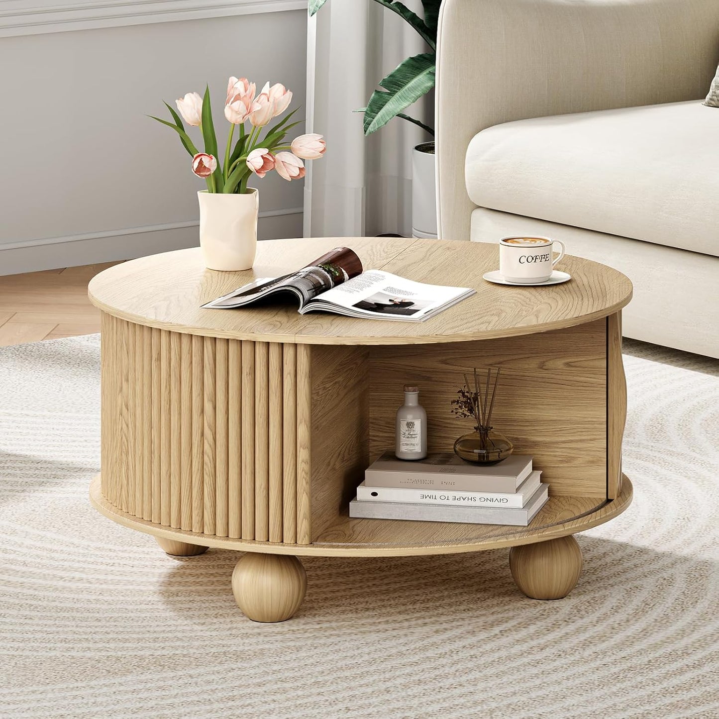 Round Coffee Table with Storage,Fluted Center Table with Sliding Cabinet Door for Living Room,Home Small Space,31.5" Small Center Table,Walnut