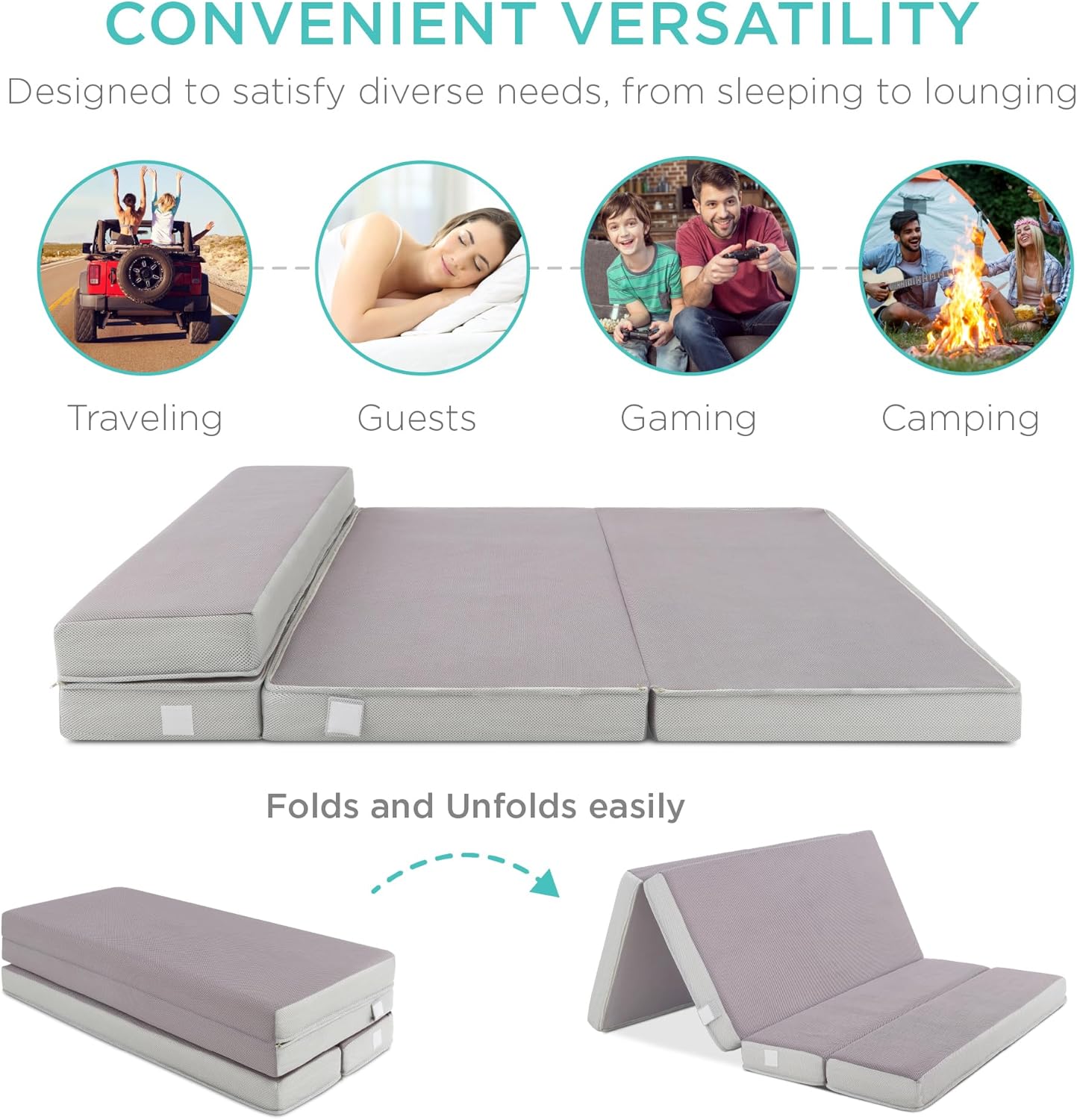 4in Portable Queen-Size Mattress, Tri-Fold Mattress for Camping, Guest, Toddler