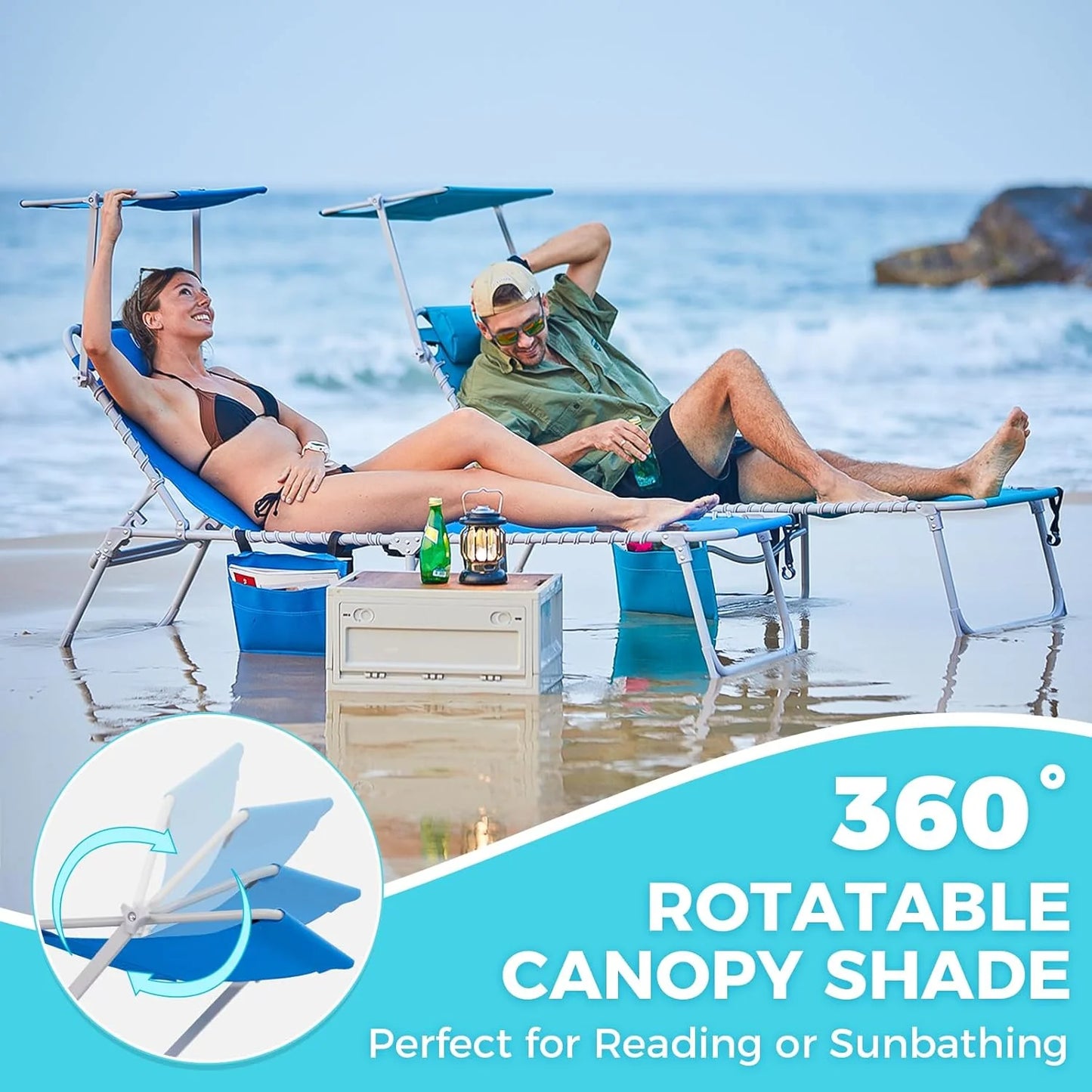 2 Pack Outdoor Chaise Lounge Chair - Portable Folding Patio Pool Lounge Chair, 5 Positions Adjustable Reclining Camping Chair with Side Table,Shoulder Strap, Pillow for Beach Sunbathing Lawn