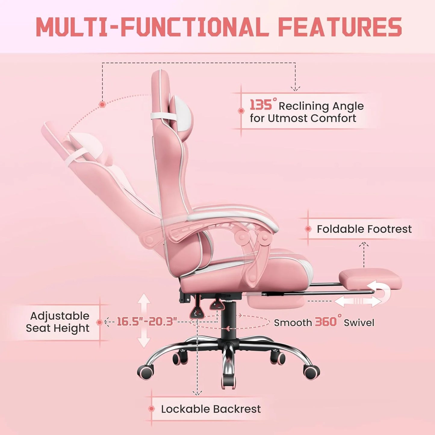 Gaming Chair with Massage Lumbar Support and Footrest Height Office Gaming Chair