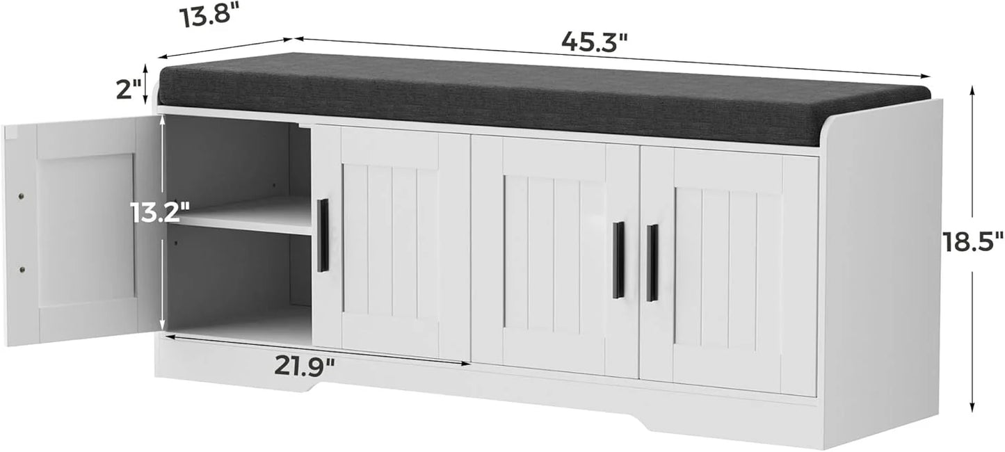 2-Tier Storage Bench, Shoe Bench with Thickened Padded Seat Cushion, Entryway Bench with 4 Doors, Adjustable Shelf
