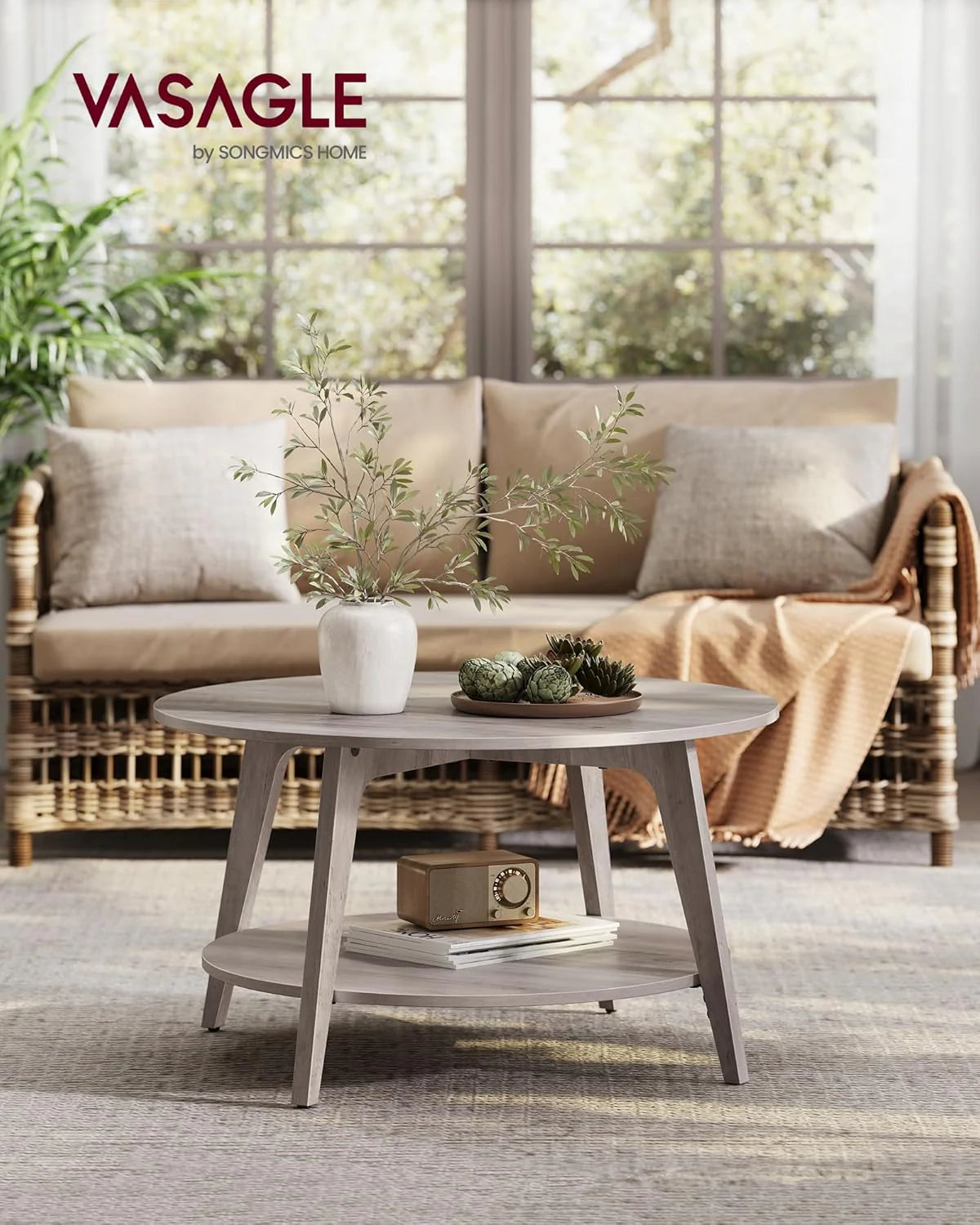 VASAGLE Round Coffee Table, 2 Tier Coffee Table with Storage, for Living Room, 31.5 x 17.7 Inches