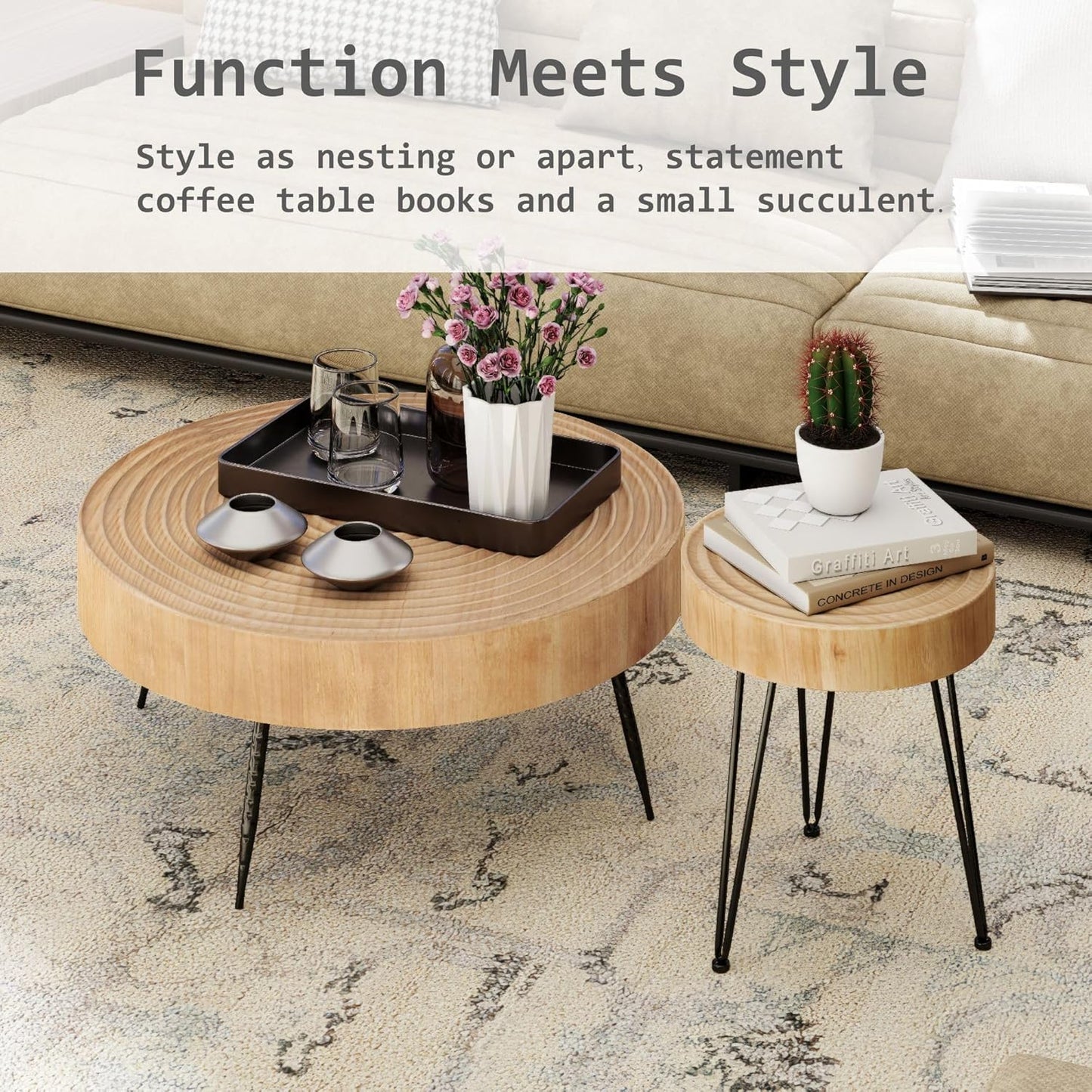 Two-Piece Modern Farmhouse Living Room Coffee Table Set, Round Nesting Tables