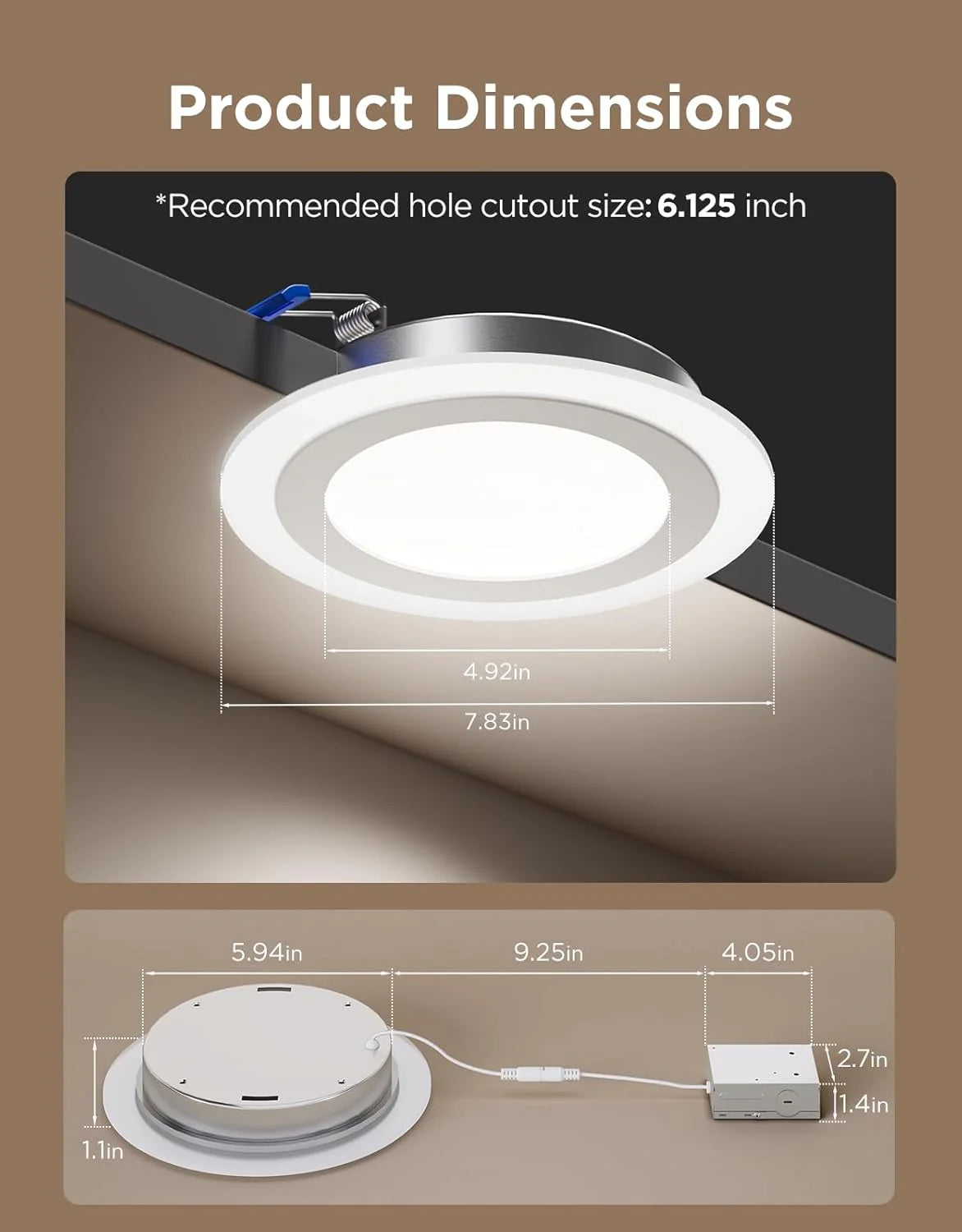 Smart Recessed Lighting 6" Dimmable 1100LM Canless Downlight with Junction Box