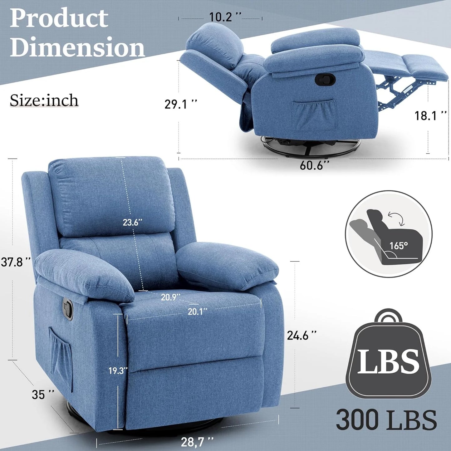 Reclining rocking chair 360 degree rotating fabric sliding reclining chair