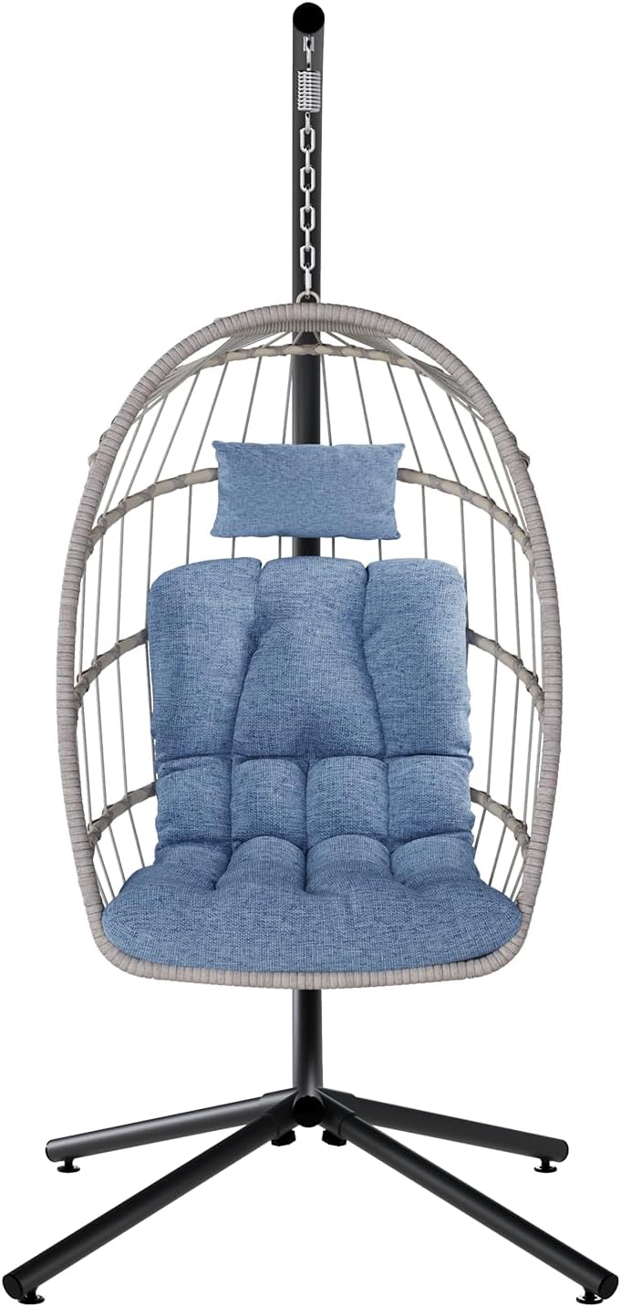 SWITTE Egg Chair Outdoor with Stand, Indoor Wicker Hanging Egg Swing Chair with Cushion, 350lbs Capacity for Patio, Bedroom