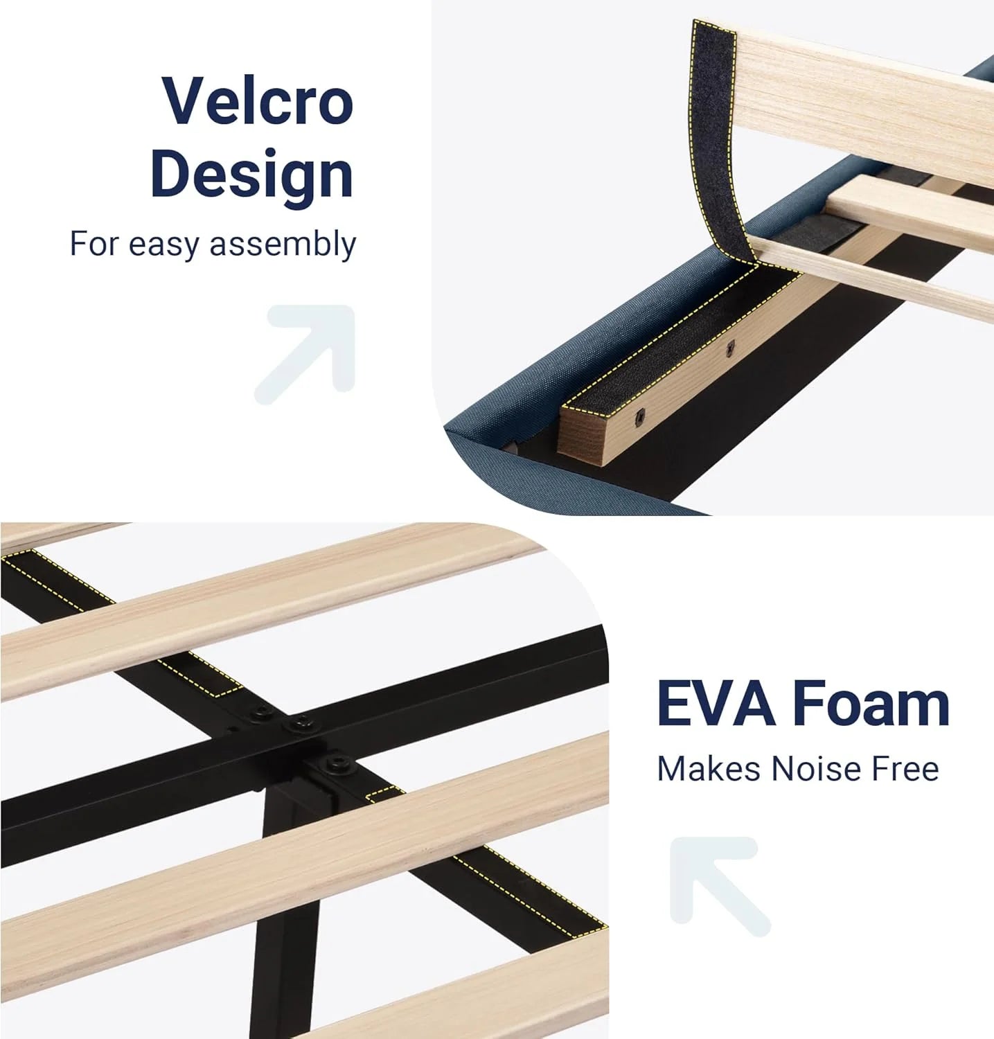 Allewie King size platform bed frame with velvet upholstered headboard and planks