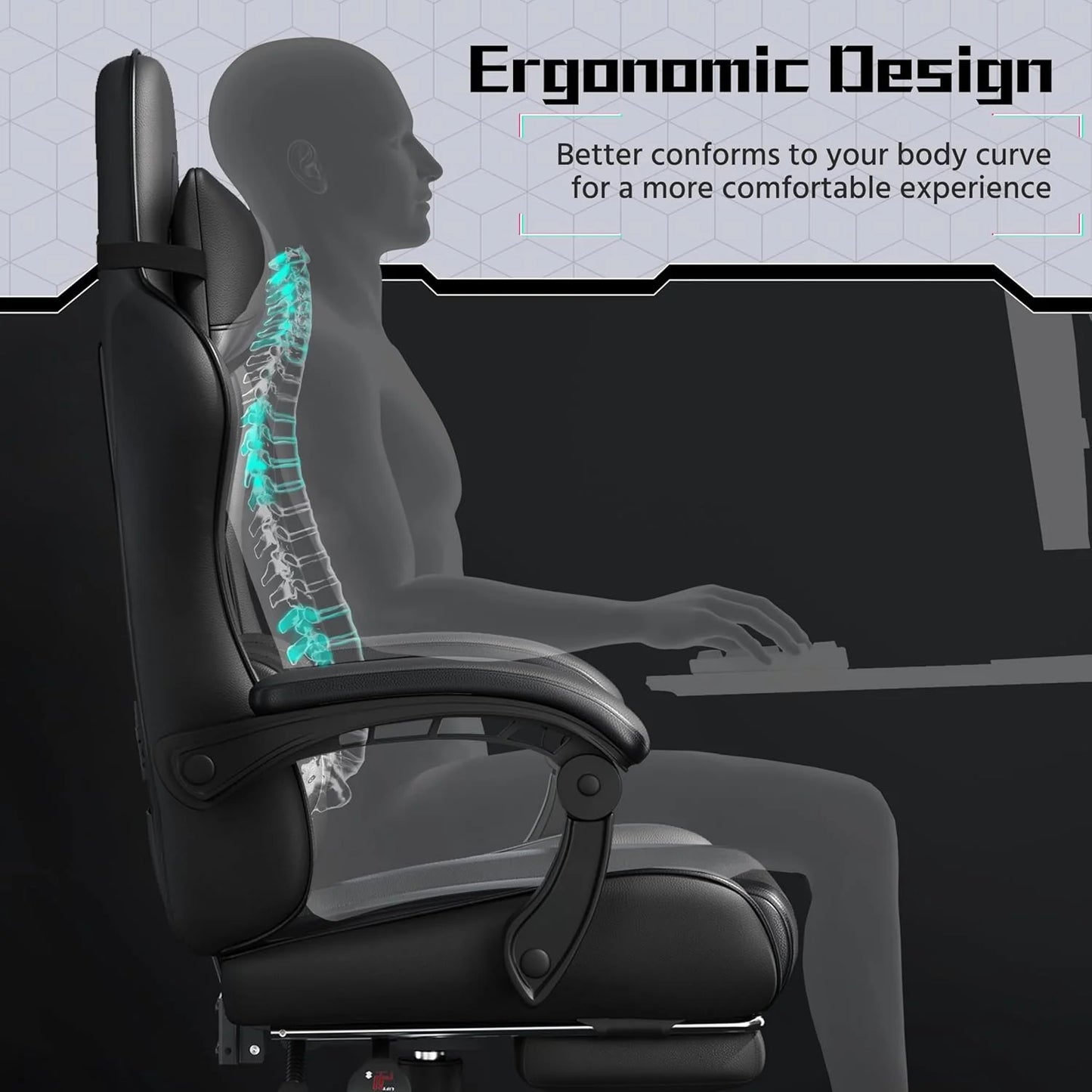 Gaming Chair with Massage Lumbar Support and Footrest Height Office Gaming Chair