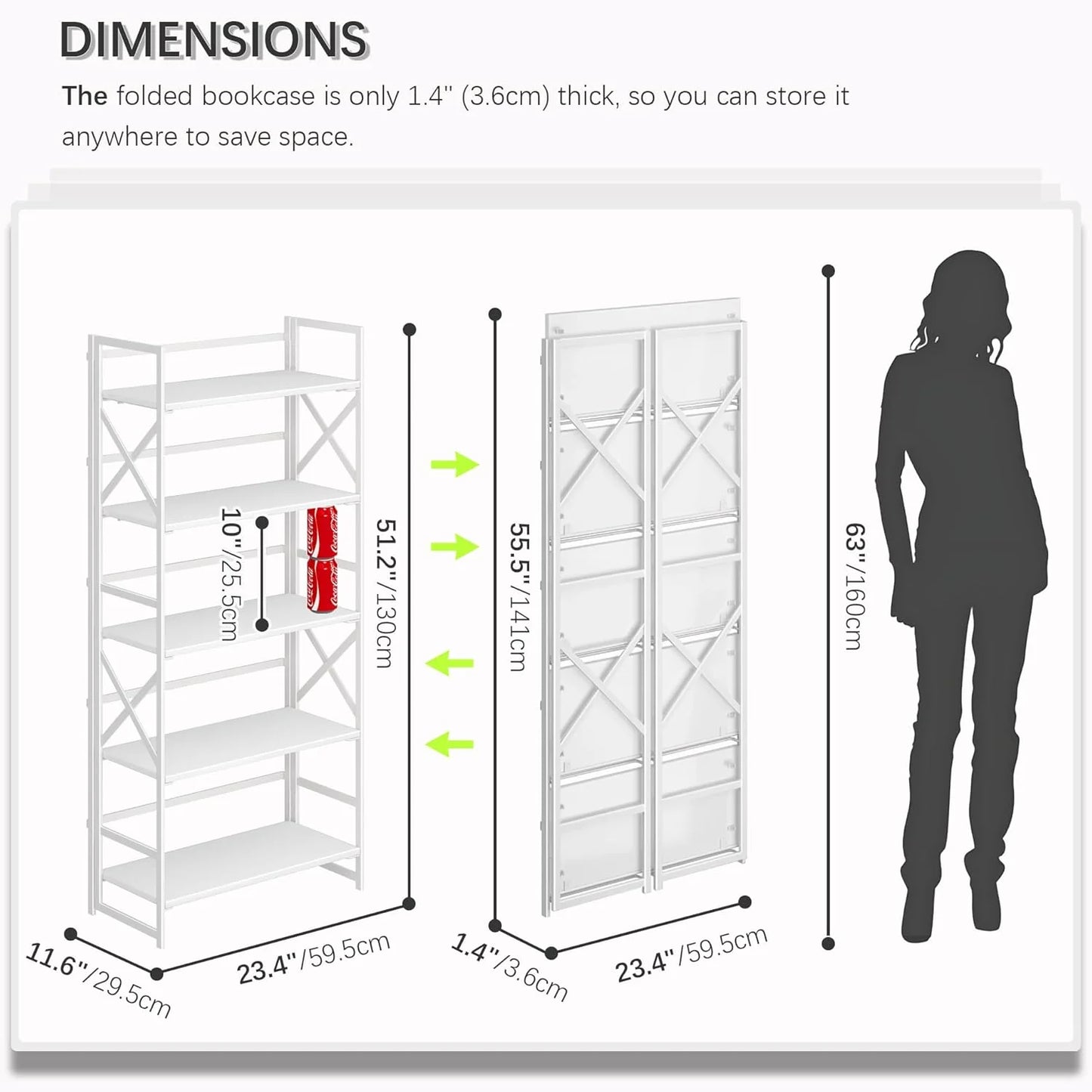 5 Tiers No Assembly Book Shelves 51.2" H Folding Bookshelf Bookcase