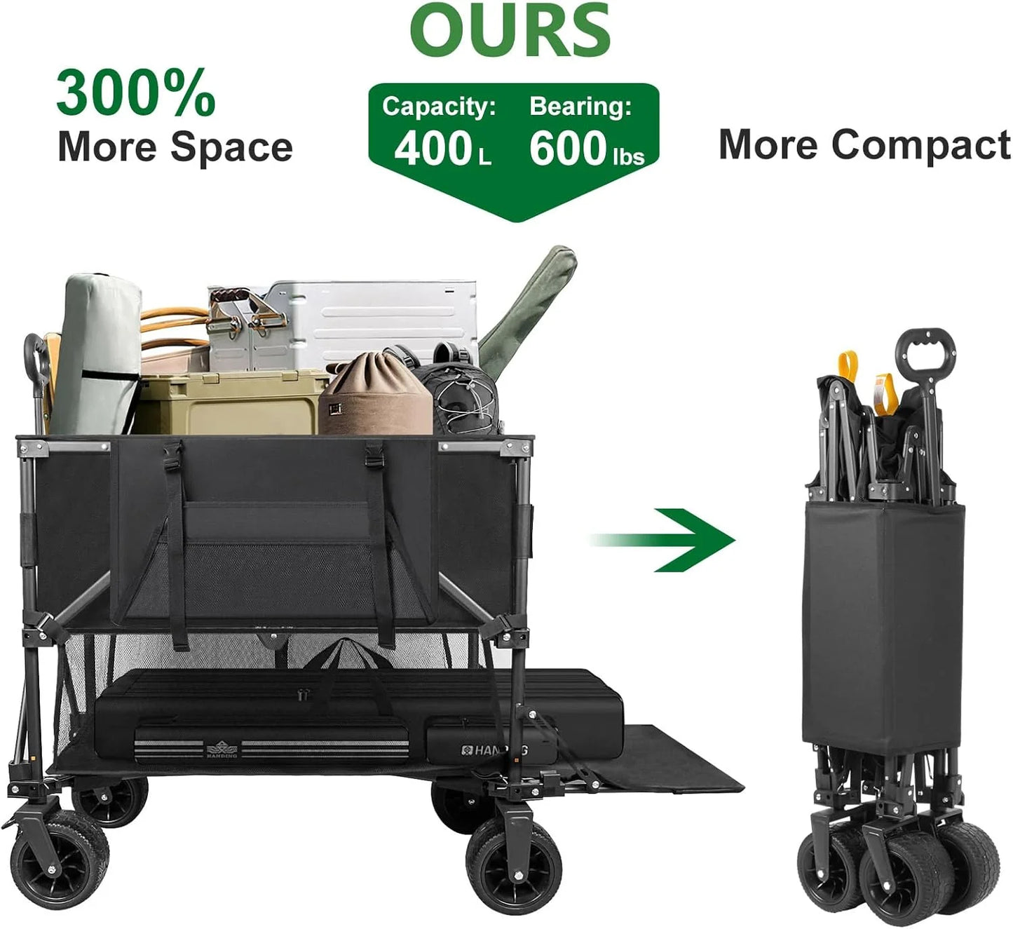Double Decker Wagon 600lb Capacity & 400L Collapsible Sports Wagon with Big Wheels 54" Extended Utility Folding Cart