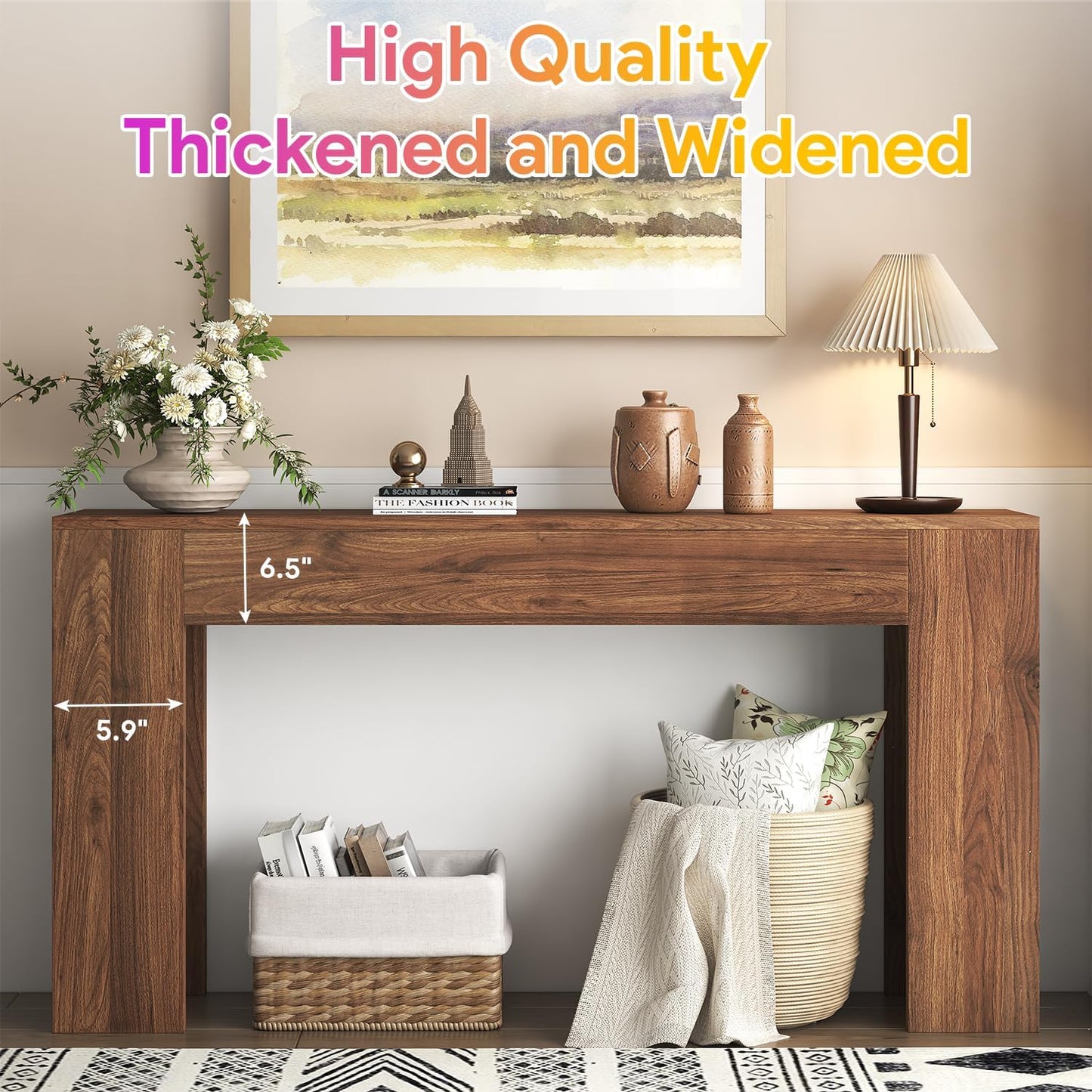 63-Inch Long Console Table with LED Light Farmhouse Sofa Table Behind Couch