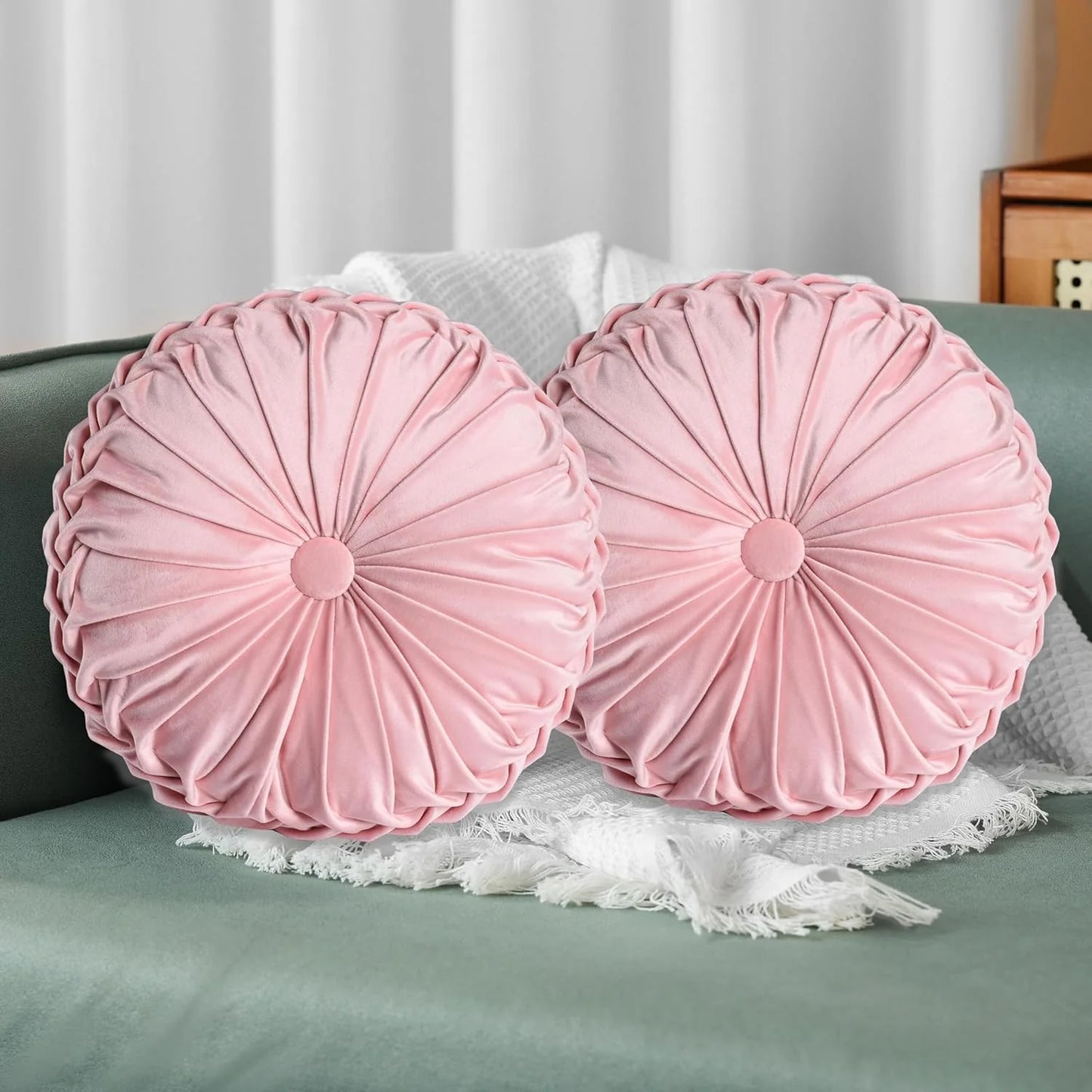 Set of 2 Decorative Round Pleated Throw Pillows