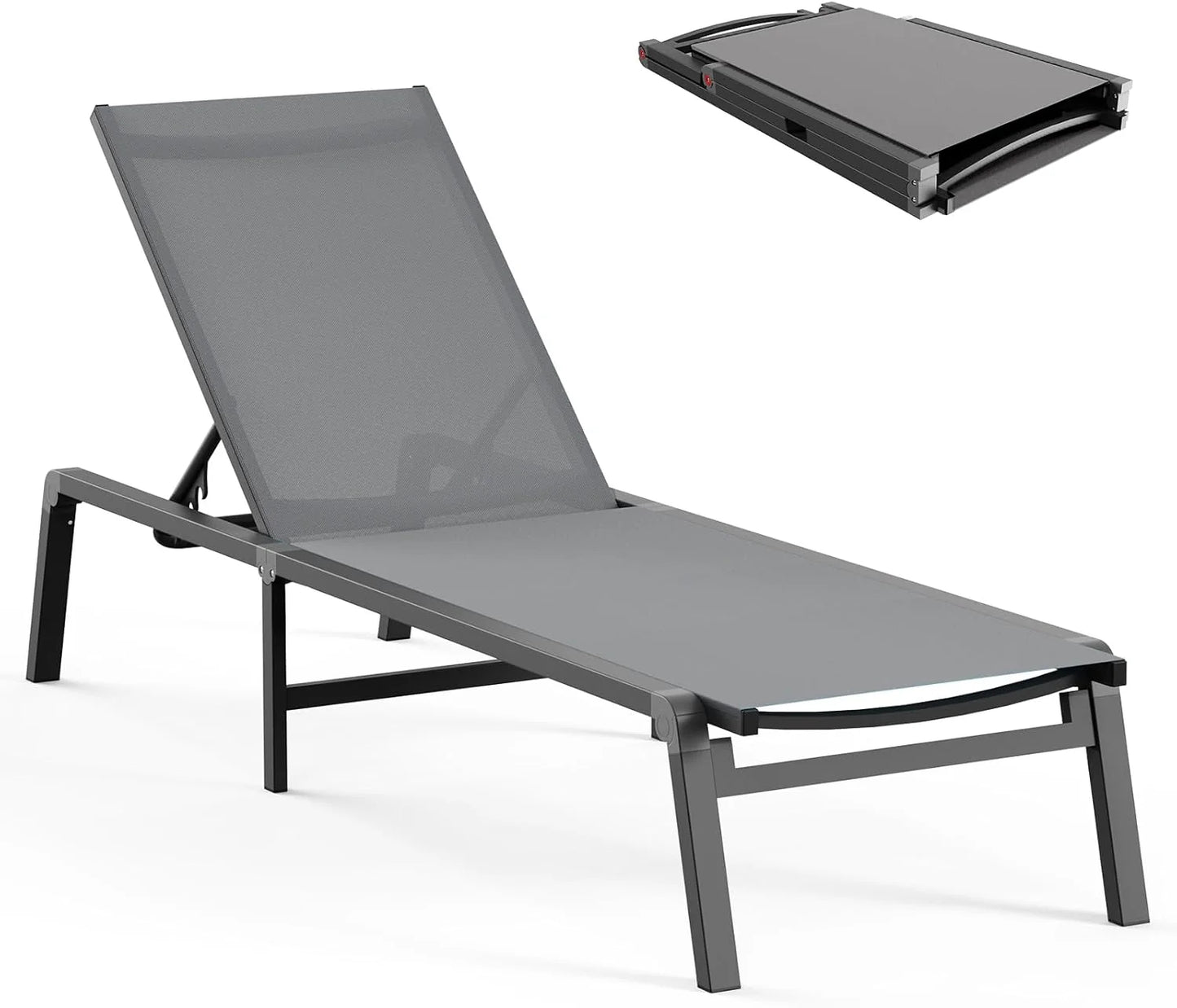 Aluminum Chaise Lounge Ourdoor - Foldable & Assemble Free Outdoor Lounge Chair with 5 Adjustable Backrest, Patio Lounge Chair for Outside Poolside Beach Pool, Black