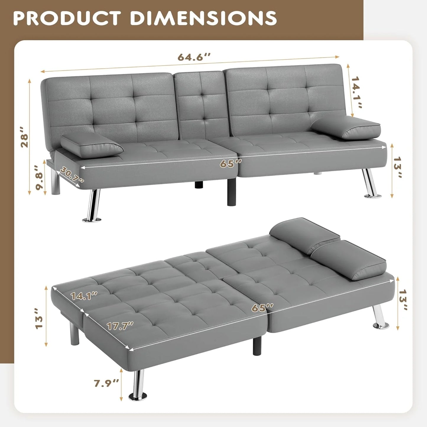 Homall Futon Sofa Bed, Leather Futon Couch with Removable Armrests, Adjustable Recliner Sleeper Sofa Bed with Dual Cup Holders for Living Room, Apartment