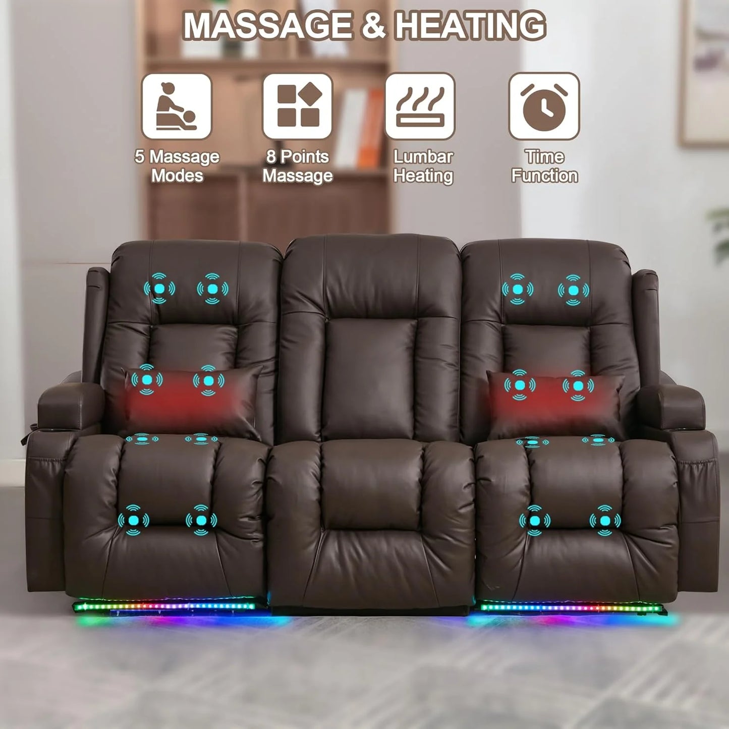 TUNYI Power Loveseat Recliner Sofa with Massage & Heat Home Theater Seating with Console Electric Recliner RV Sofa with USB/Outlet/Storage/Side Pocket/LED Light/Speaker (Brown, Loveseat)